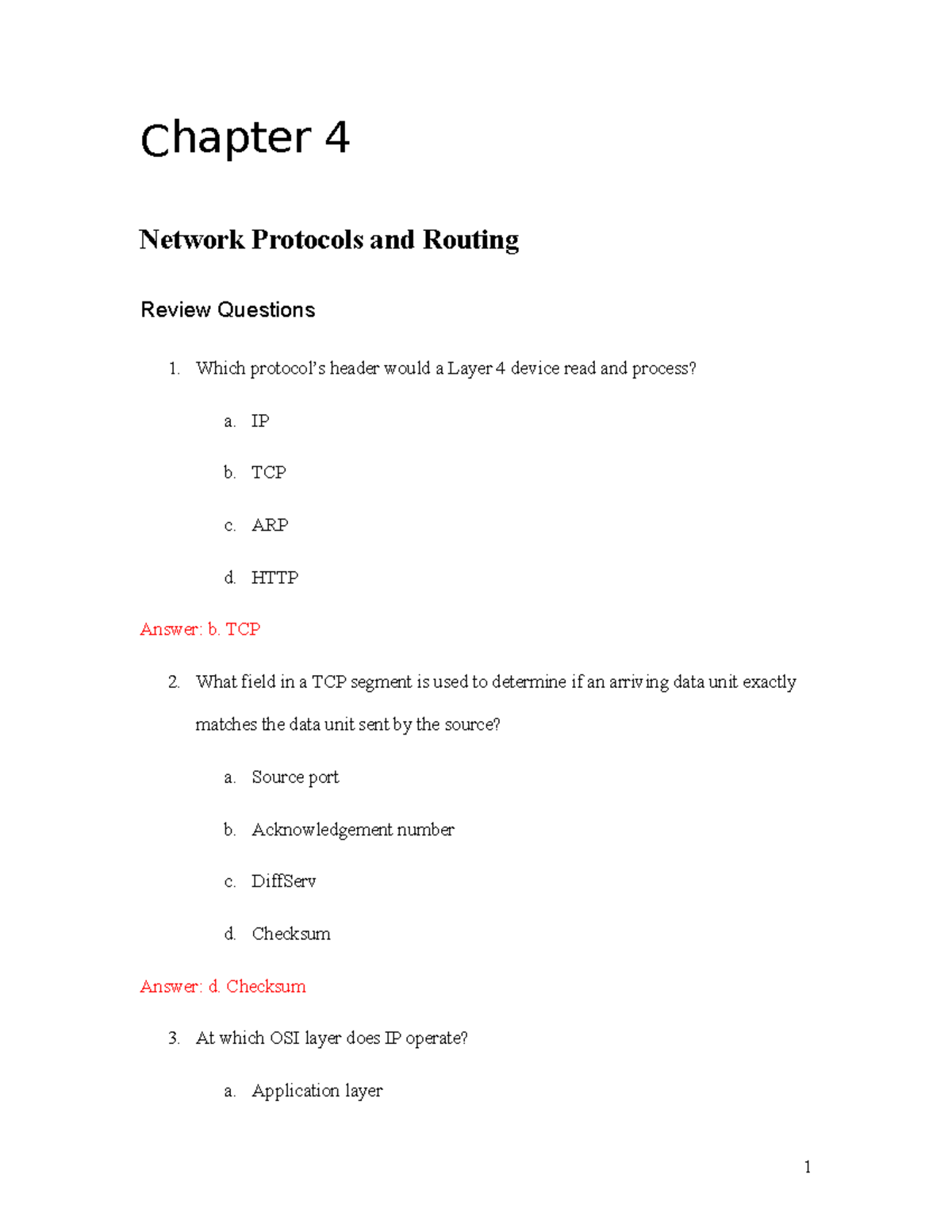 ITM301 SAMPLE QUESTIONS - Chapter 4 Network Protocols and Routing ...