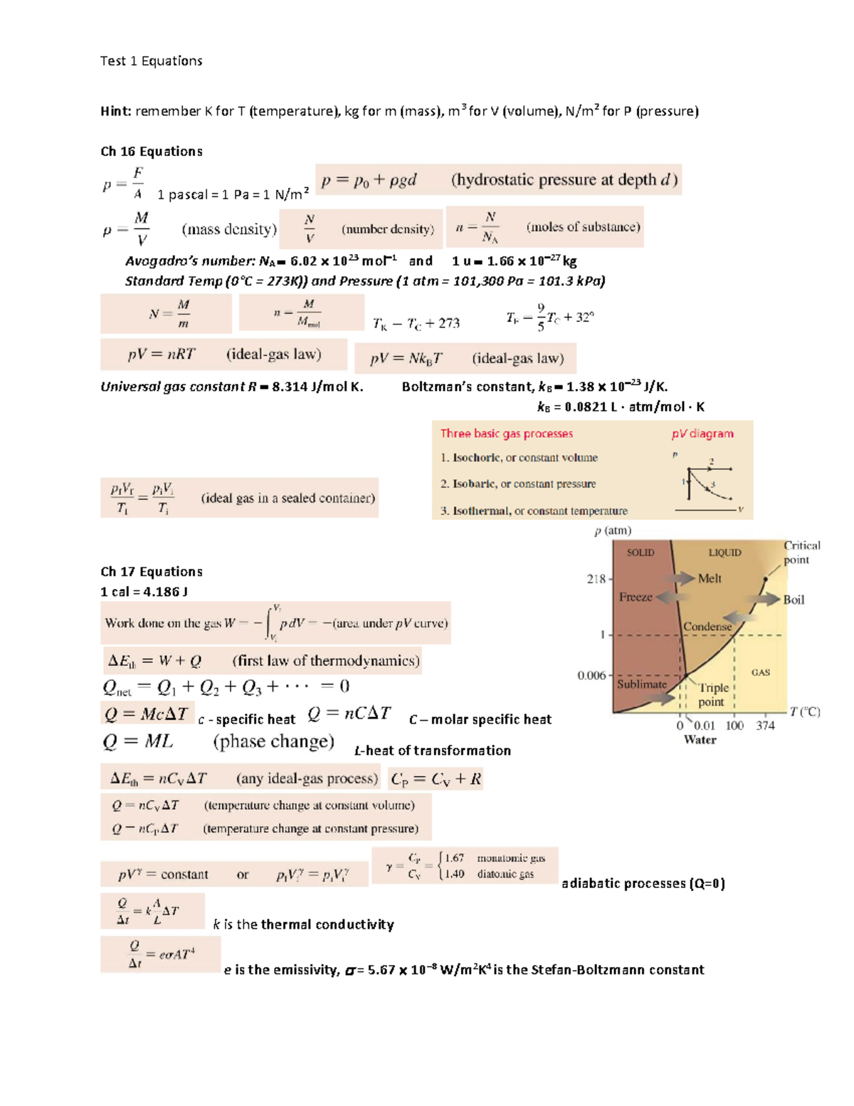 Test 1 Equations v2 test equation sheet Test 1 Equations Hint