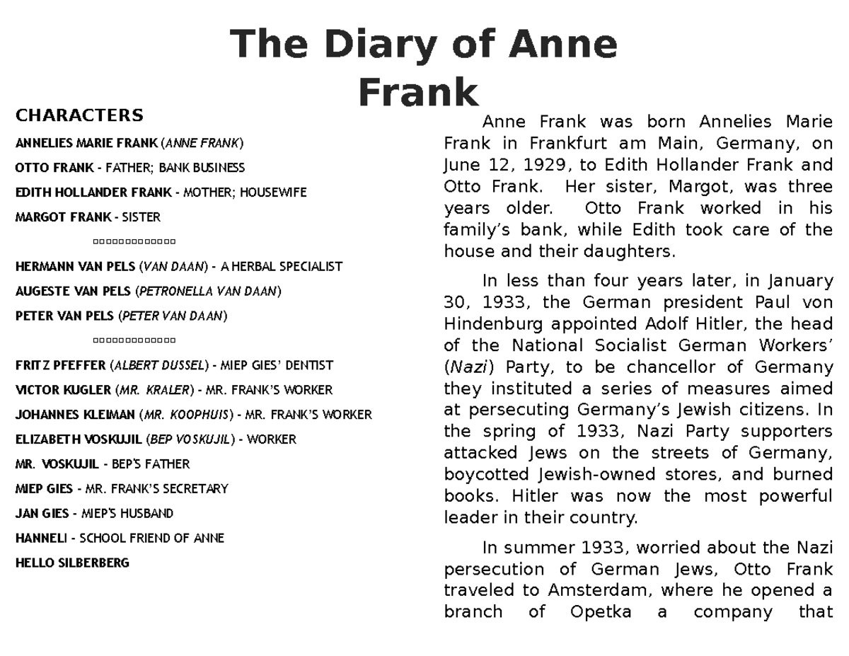 THE Diary OF ANNE Frank Enjoy CHARACTERS ANNELIES MARIE FRANK (ANNE