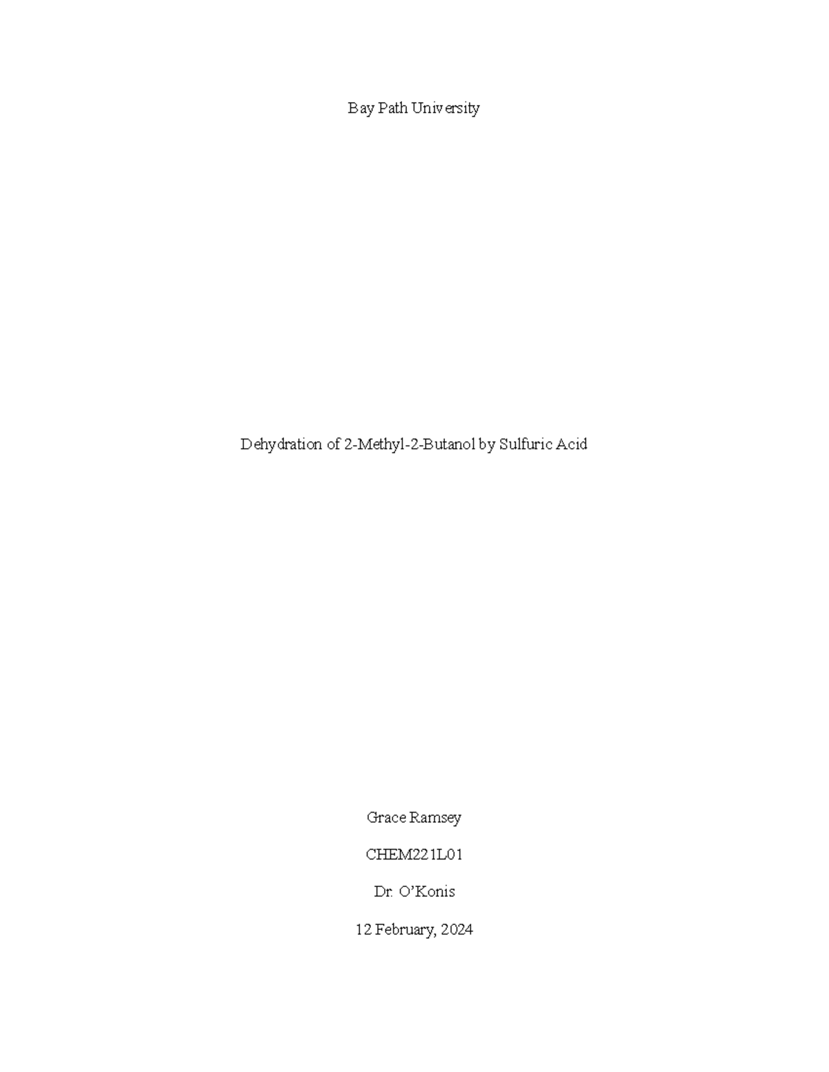 Dehydration of 2Methyl2Butanol Lab Report Bay Path University