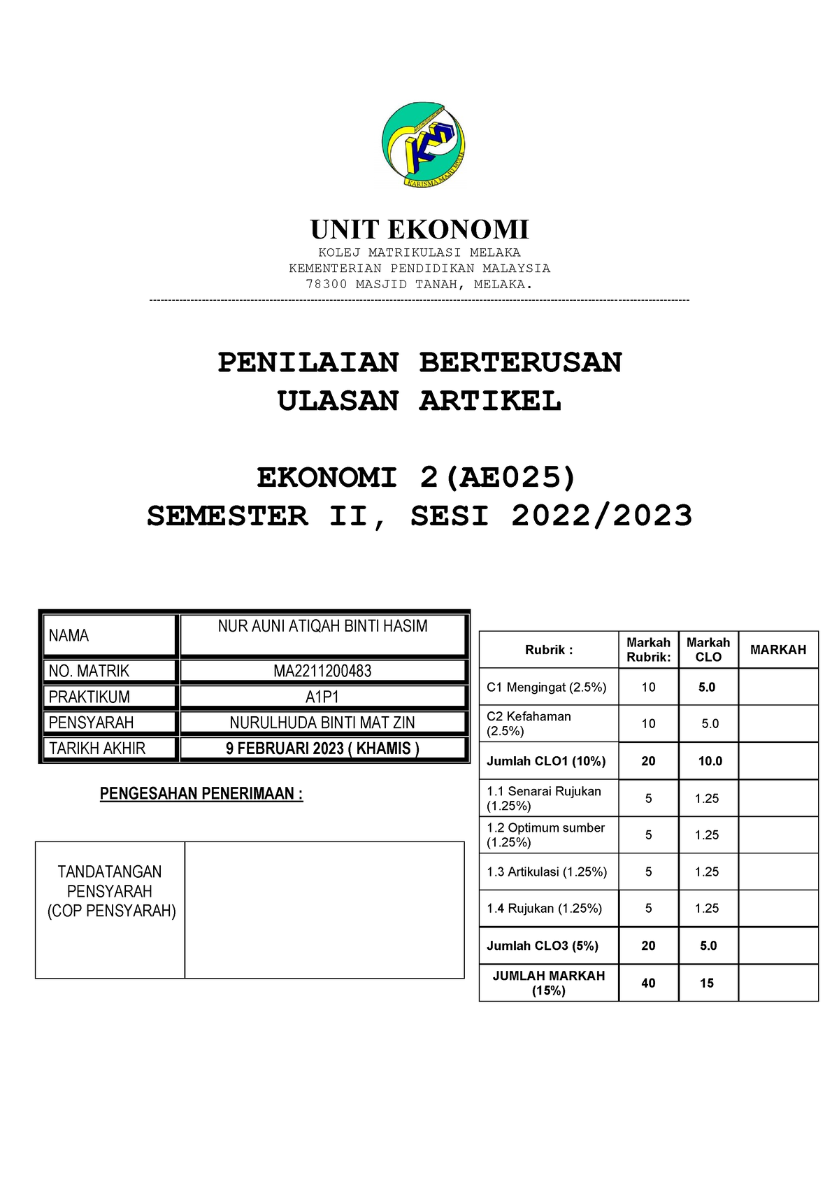 Ulasan Artikel AE025  good  UNIT EKONOMI KOLEJ MATRIKULASI MELAKA