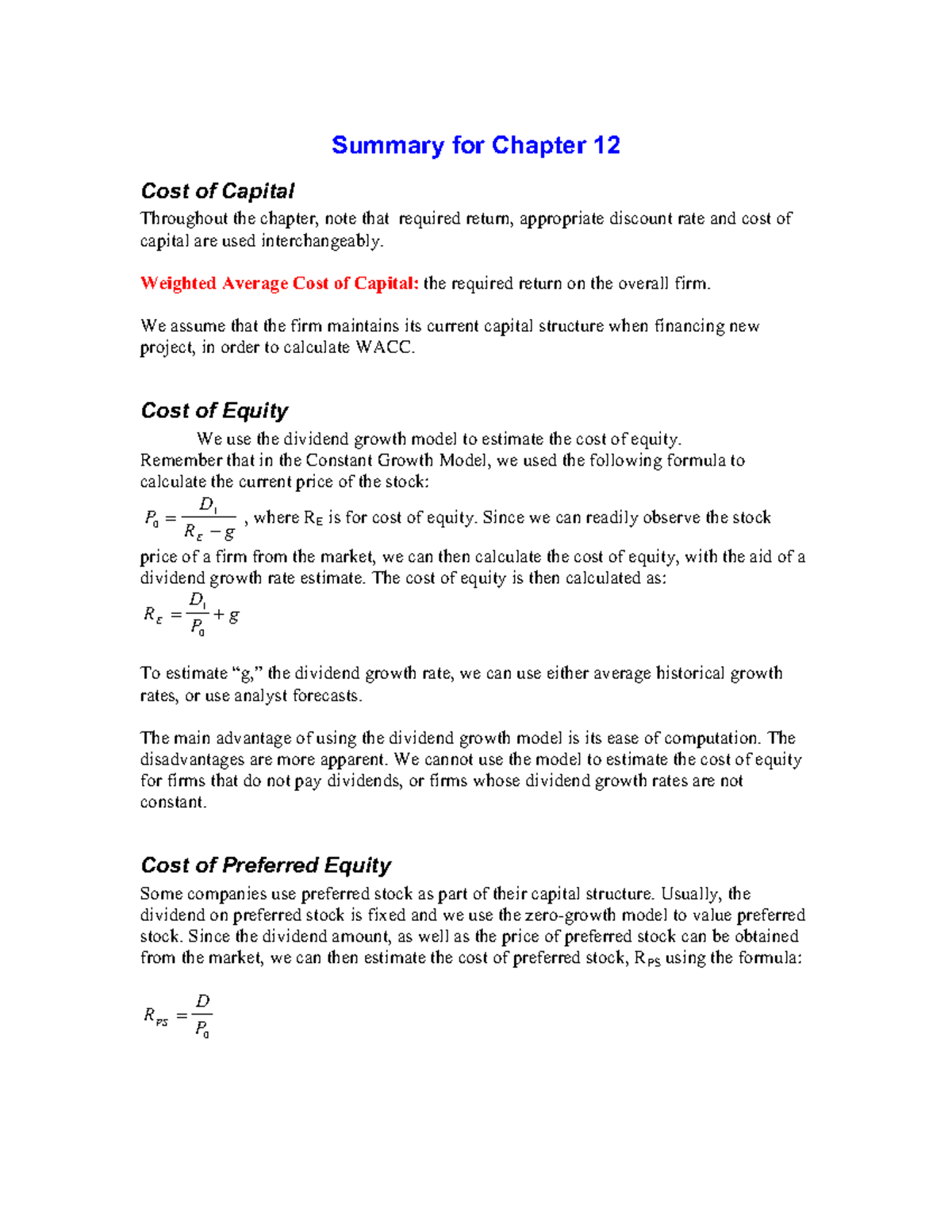 Summary for chapter 12- cost of capital - Weighted Average Cost of ...