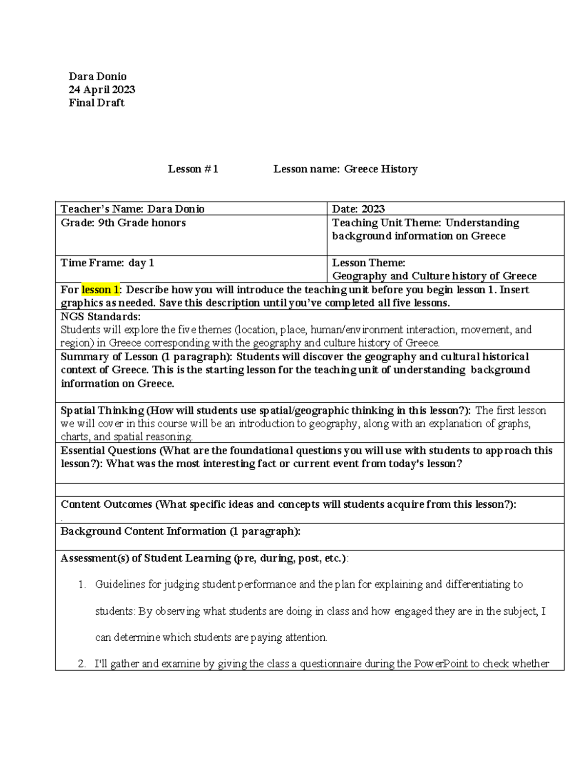 Donio Final Draft - Dara Donio 24 April 2023 Final Draft Lesson # 1 ...