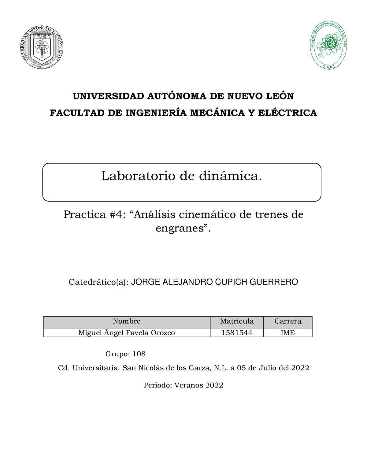 Practica 4 - Dinamica - UNIVERSIDAD AUT”NOMA DE NUEVO LE”N FACULTAD DE ...