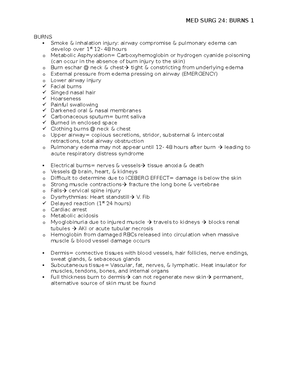 Burns- Med surg notes - BURNS Smoke & inhalation injury: airway ...