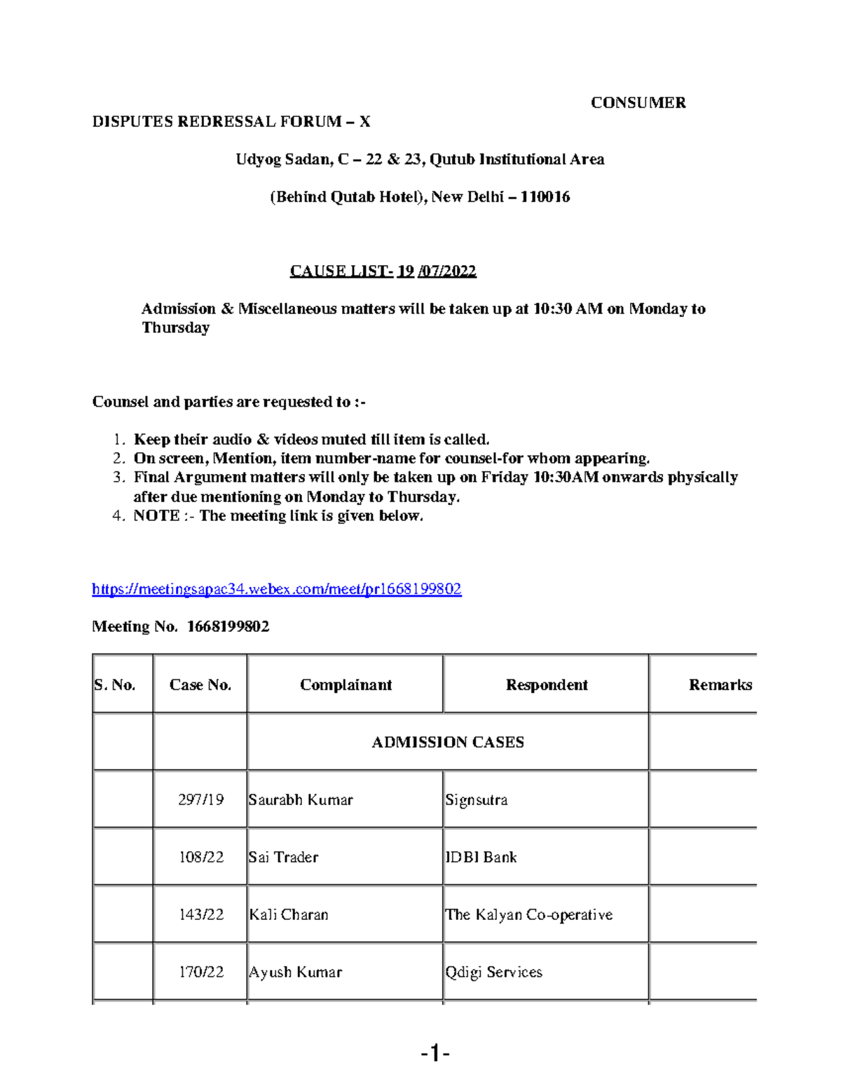 Causelist ALL 20220719 S. No. Case No. Complainant Respondent