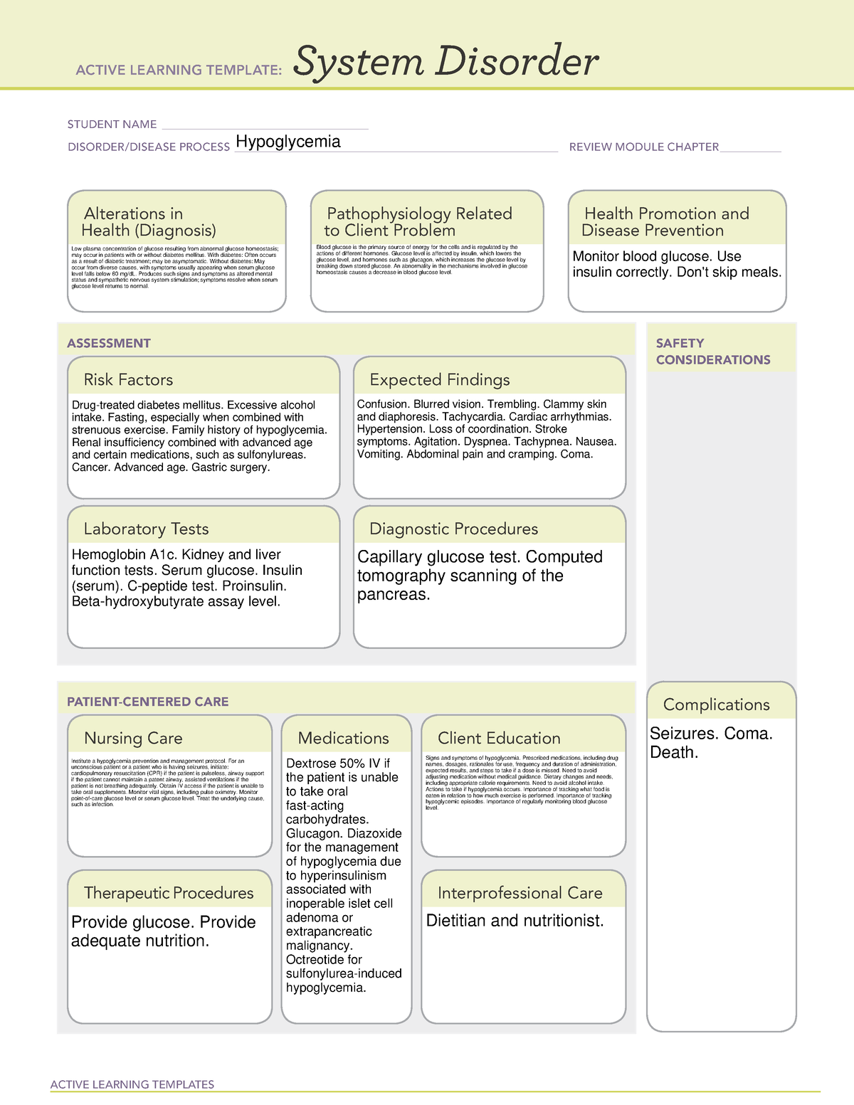 ATI System Disorder Template Hypoglycemia Filled In ACTIVE LEARNING TEMPLATES System