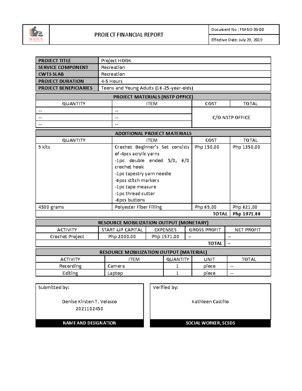 Velasco DKT FOPI01 CWTS102 PFR - PROJECT FINANCIAL REPORT Document No ...