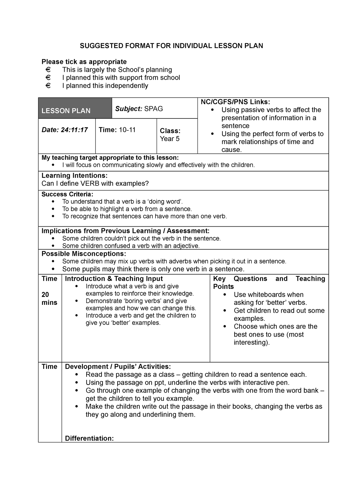 Lesson Plan Verbs Suggested Format For Individual Please Solution 