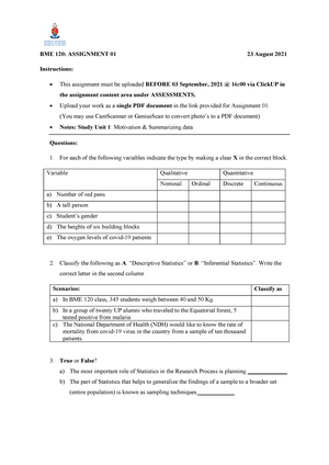 BME120 Assignment 1 - BME 120 - UP - Studocu