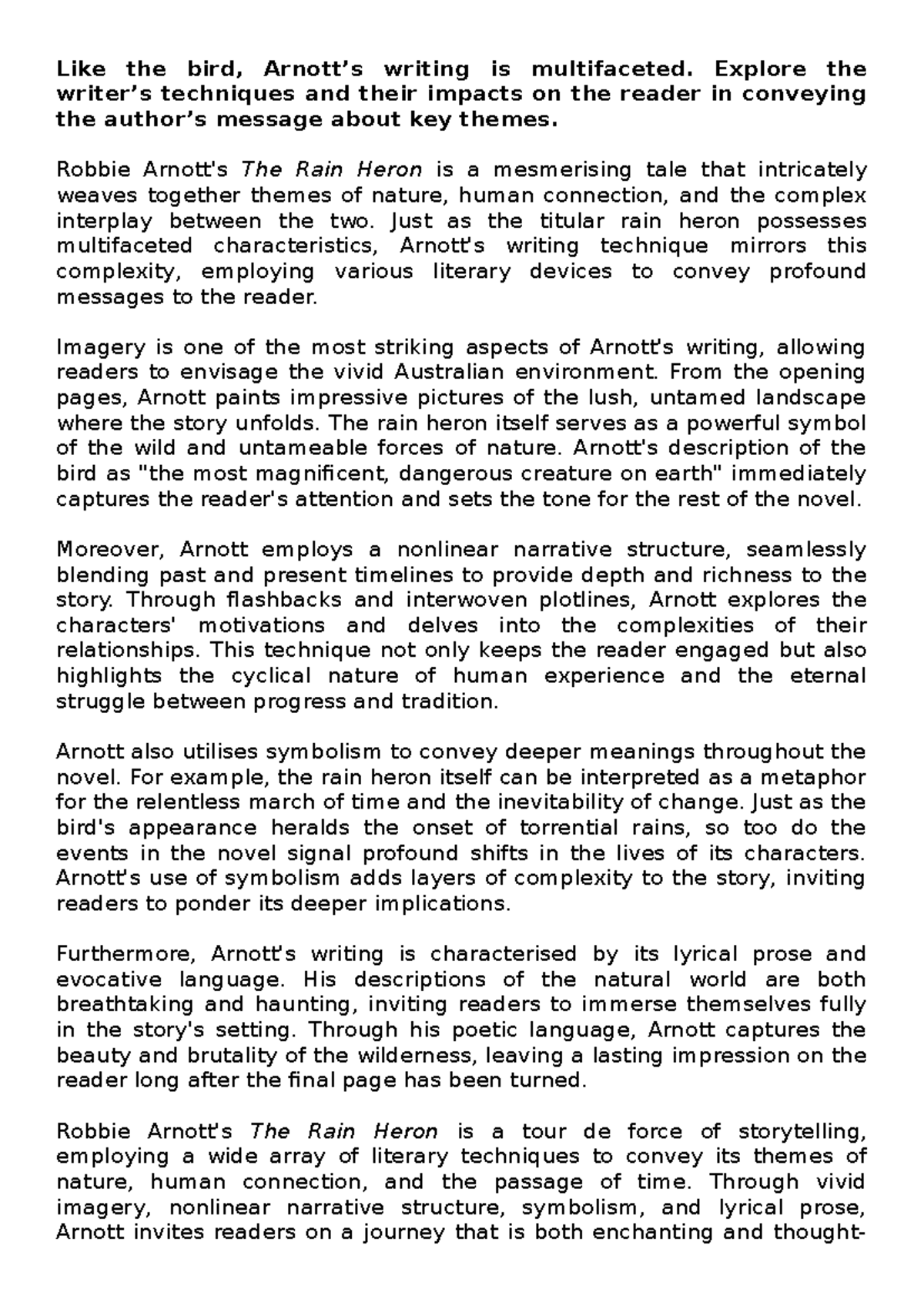 Sample essay - The Rain Heron - bird is multifaceted & so are writing ...