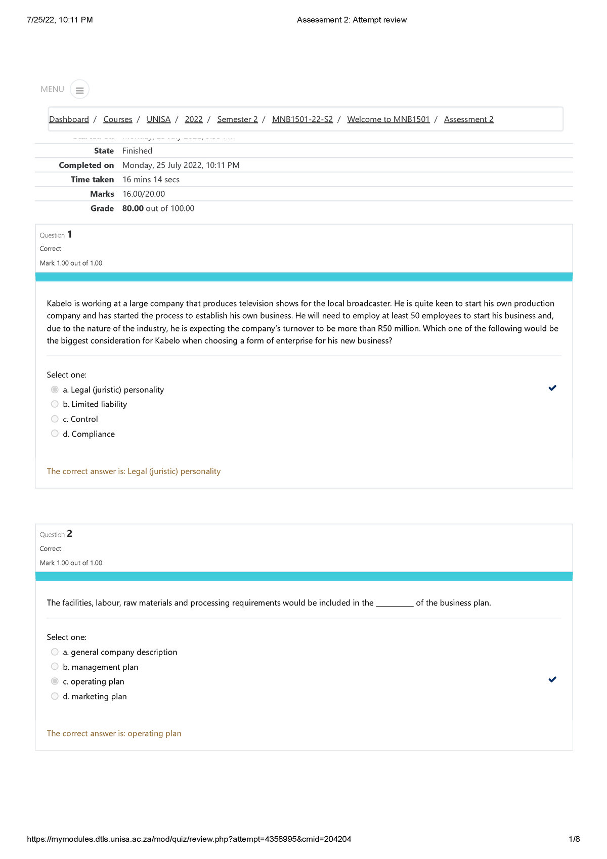 MNB1501 Assignment 2 2 - 7/25/22, 10:11 PM Assessment 2: Attempt Review ...