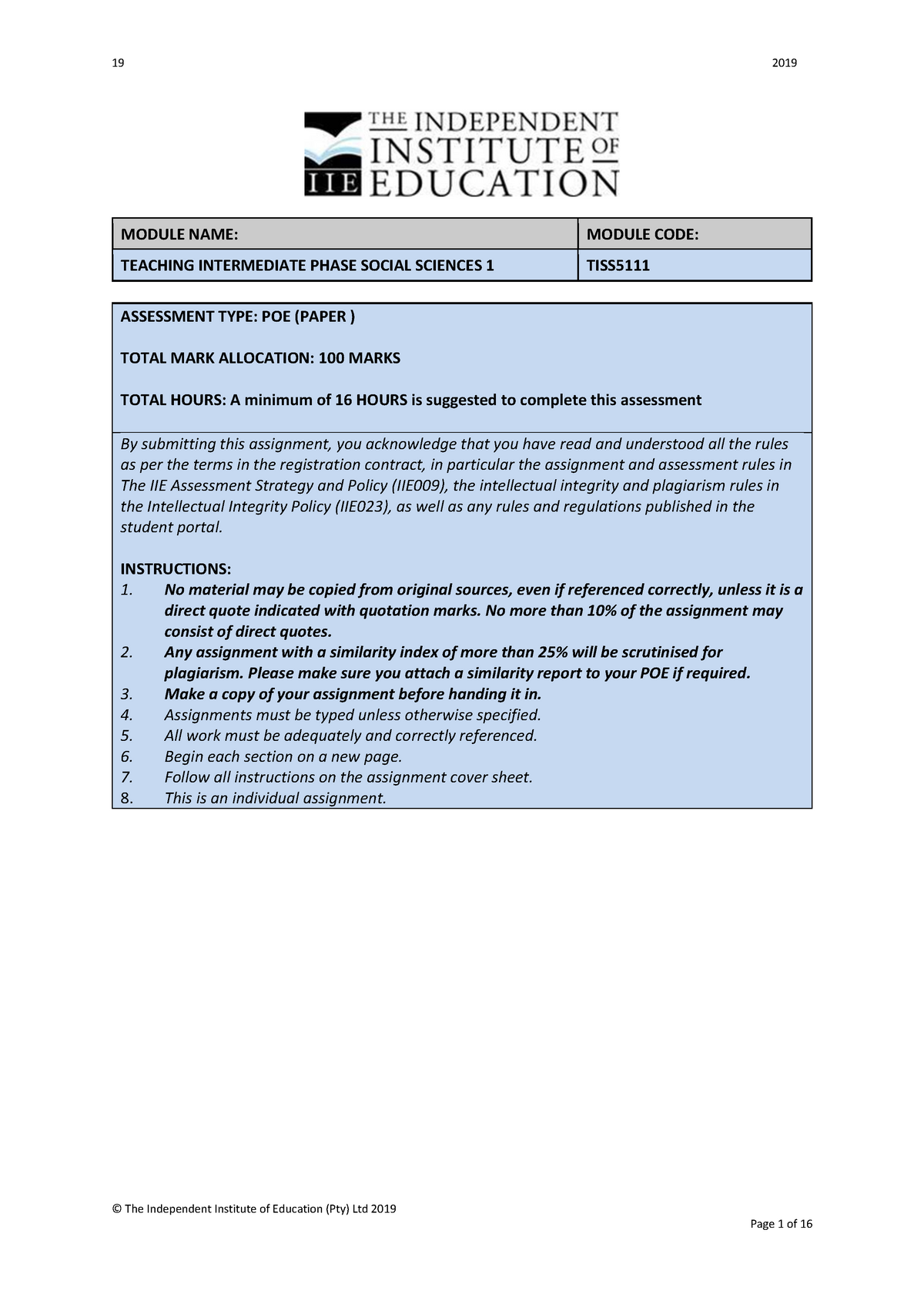 TEACHING INTERMEDIATE PHASE SOCIAL SCIENCES 1 TISS5111 ASSESSMENT