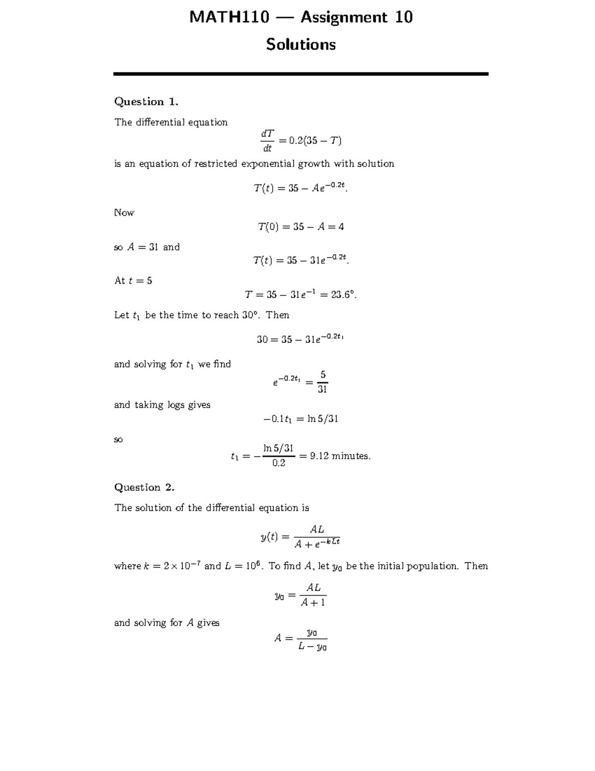 Introductory Mathematical Methods Assignment 10 - Solutions - MATH110 ...