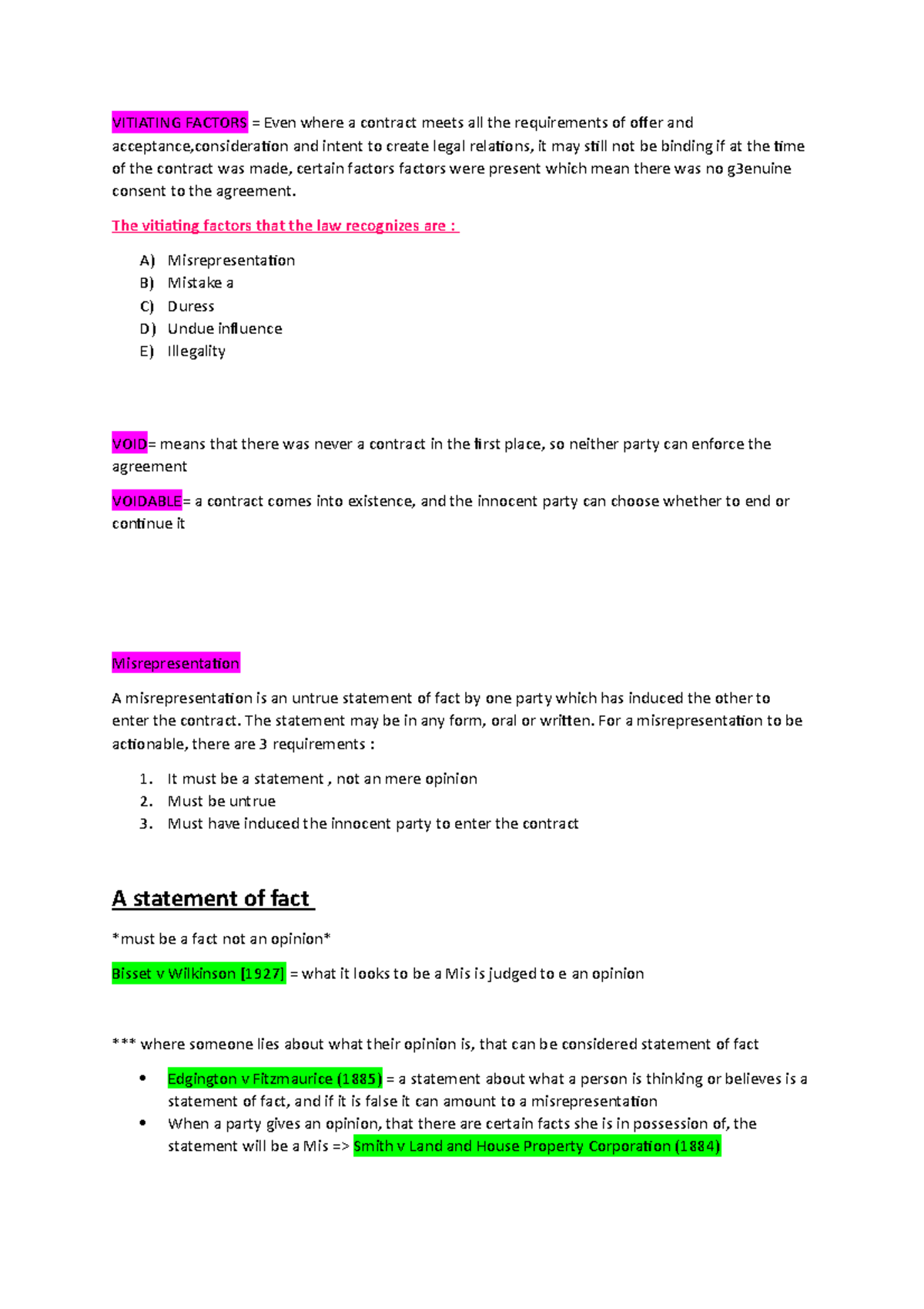 Vitiating Factors - VITIATING FACTORS = Even where a contract meets all ...