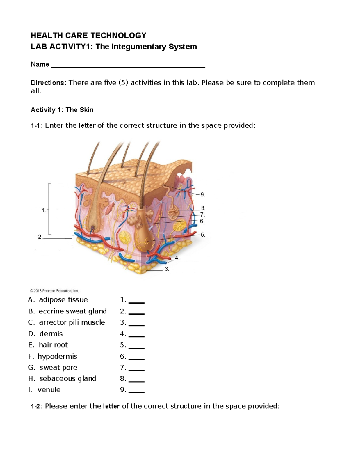 Labact- Integumentary - HEALTH CARE TECHNOLOGY LAB ACTIVITY1: The ...