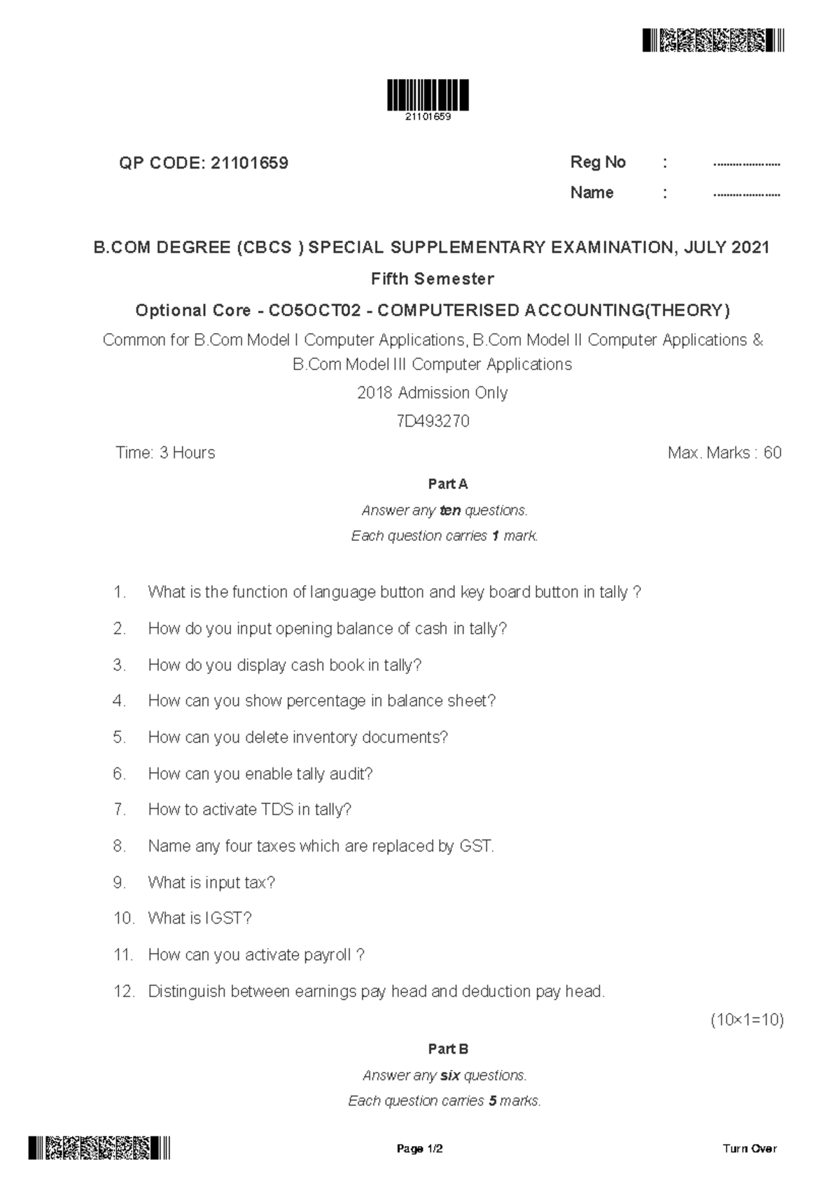 Computerised Accounting (Theory) - QP CODE: 21101659 Reg No ...