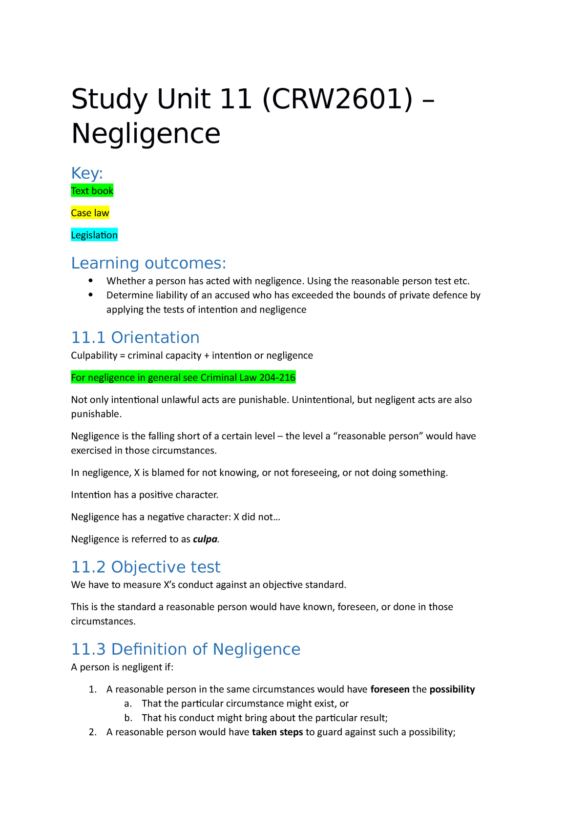 CRW2601 Study Unit 11 Negligence - Study Unit 11 (CRW2601) – Negligence ...