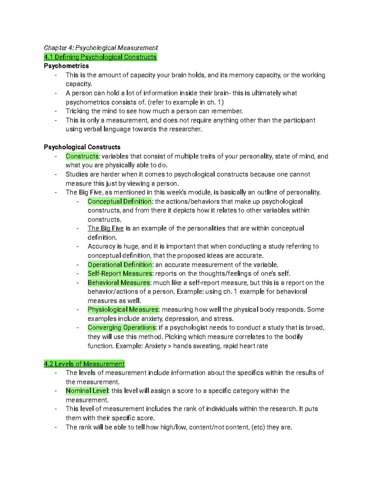 Chapter 4 Summary Psychology - Chapter 4: Psychological Measurement 4 ...