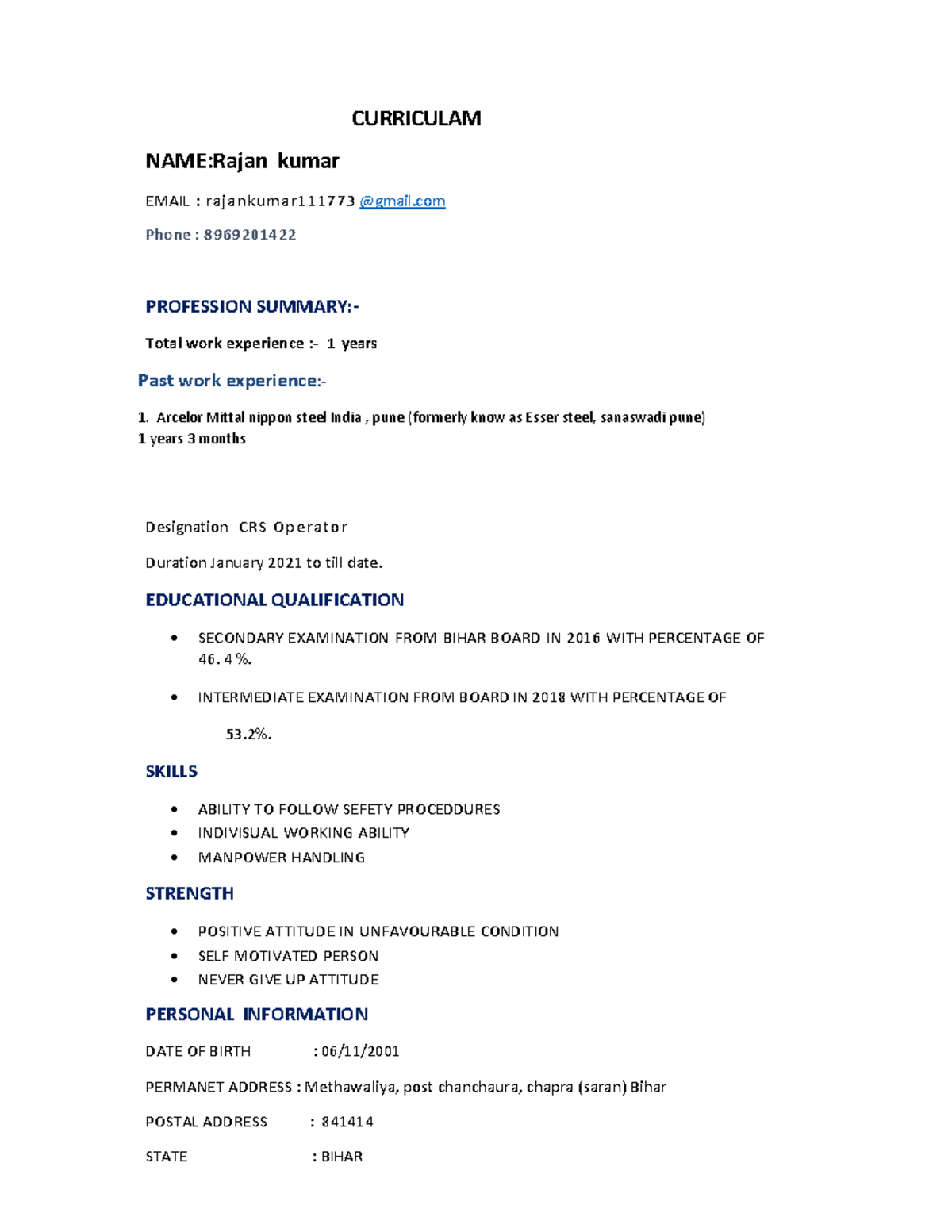 Rajan Resume - dsdbw - CURRICULAM NAME:Rajan kumar EMAIL ...
