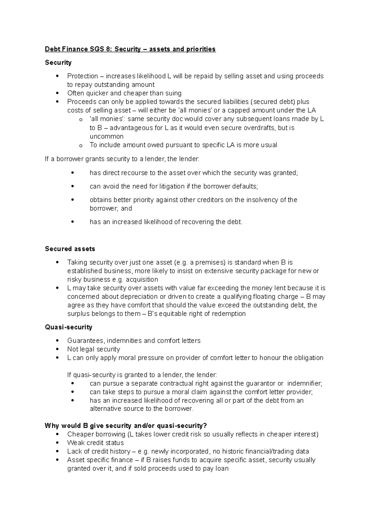 Debt Finance notes on Security - Debt Finance SGS 8: Security – assets ...