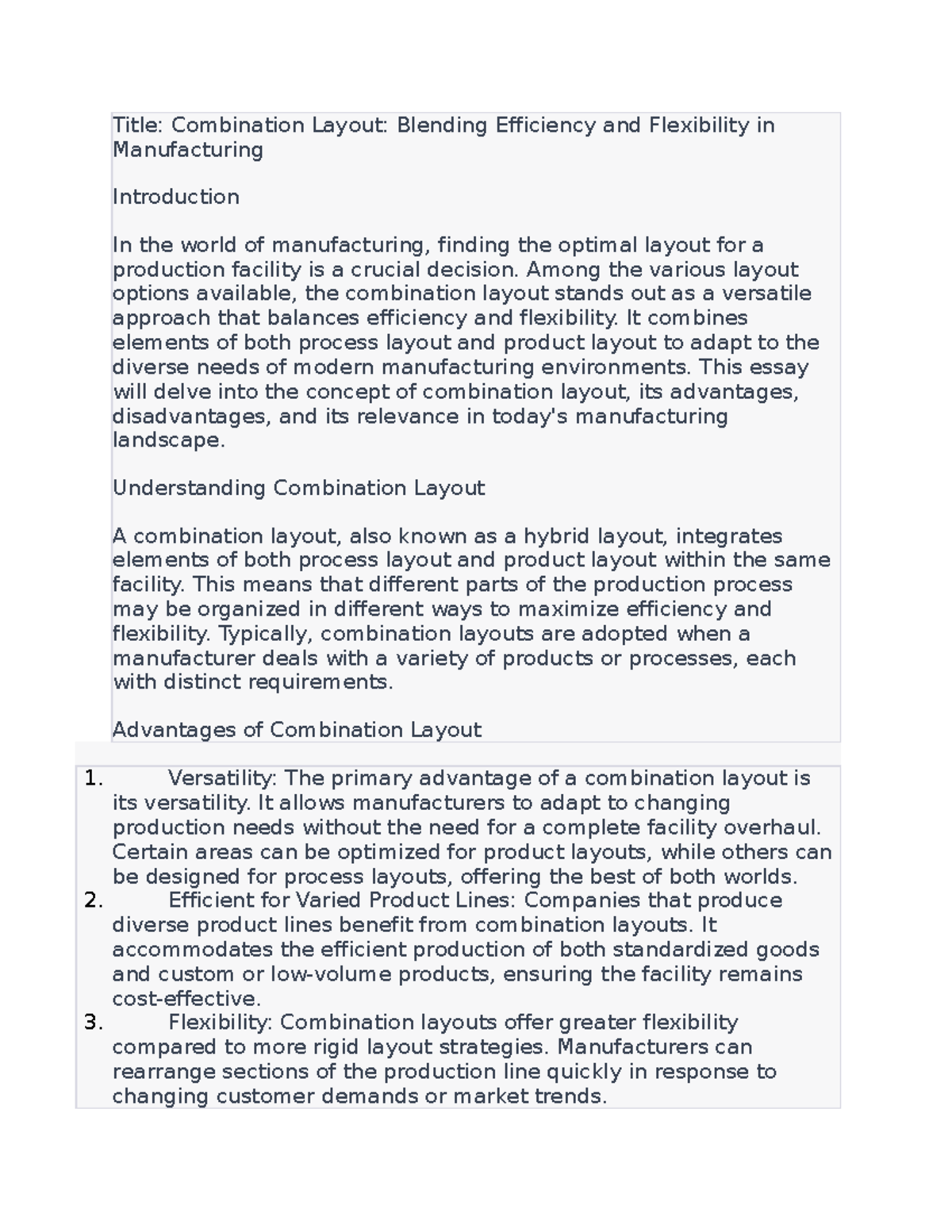Combination Layout Blending Efficiency and Flexibility in Manufacturing
