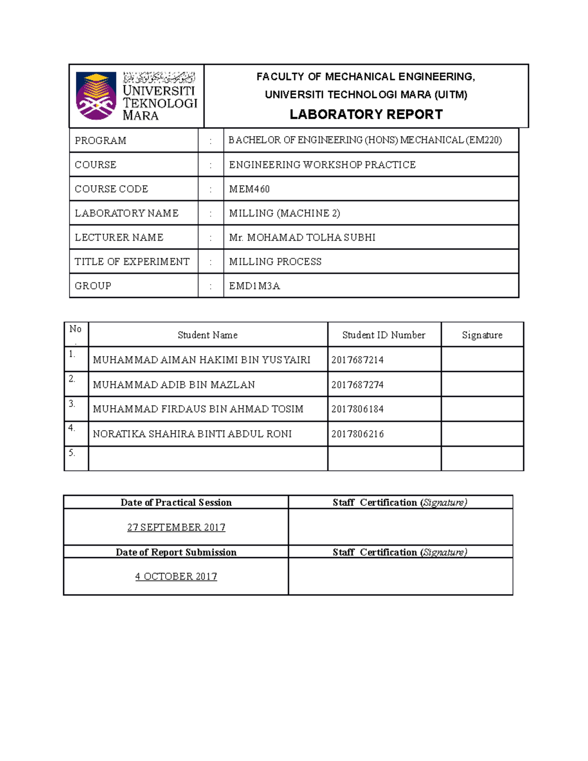 Mechanical engineering Milling Lab Report FACULTY OF MECHANICAL