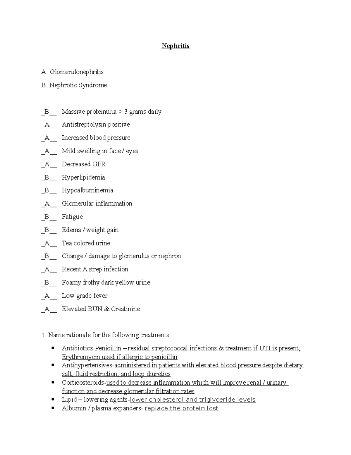 Nephritis Worksheet - ... - Nephritis A. Glomerulonephritis B ...
