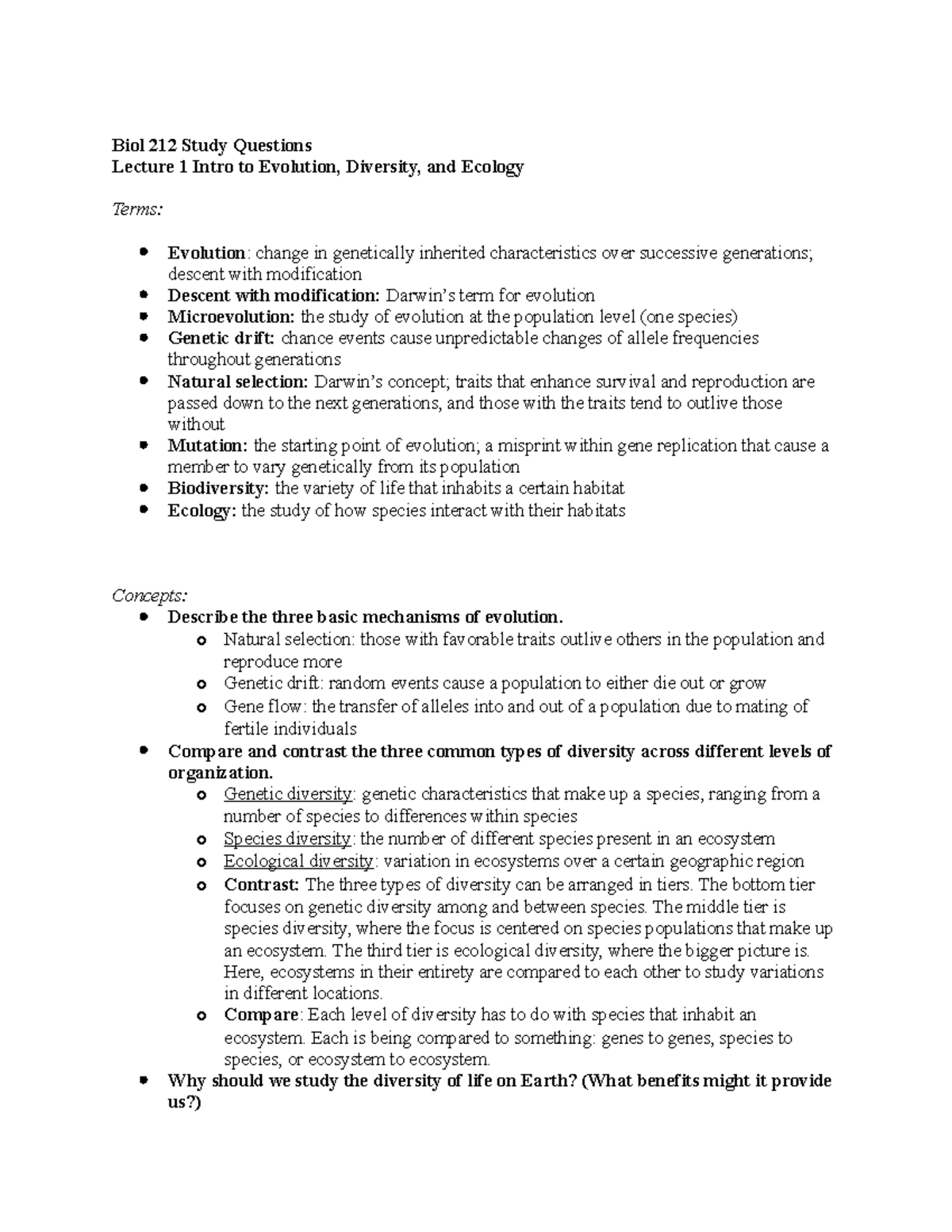 Quiz 1 Study Guide - Biol 212 Study Questions Lecture 1 Intro to