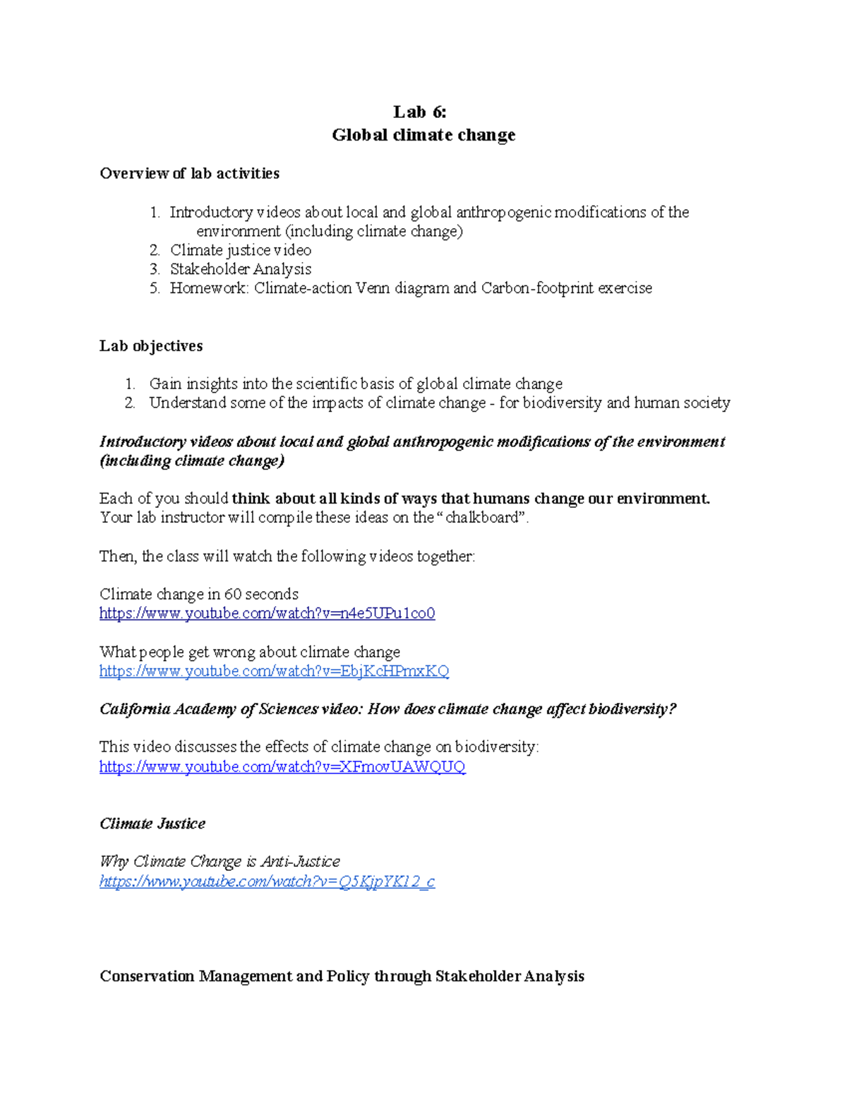 LAB 6 bio 228 Lab 6 Global climate change Overview of lab