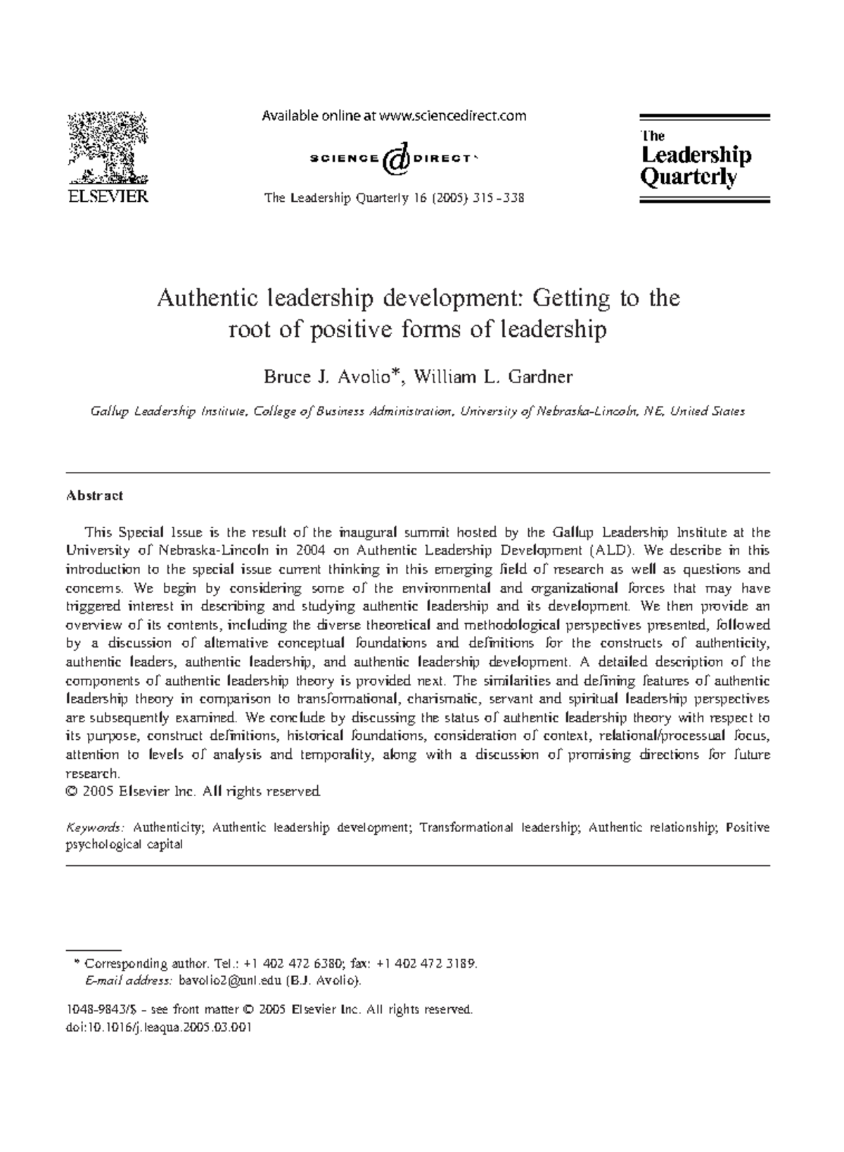 Avolio - tutorital - Authentic leadership development: Getting to the ...