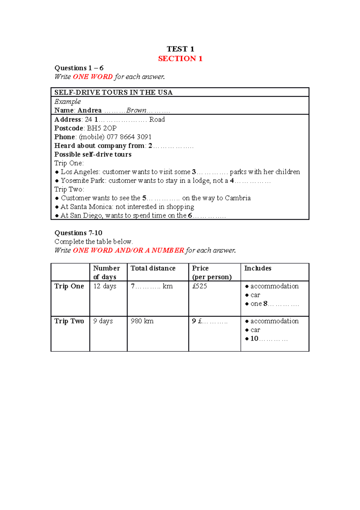 listening test 1 section 1