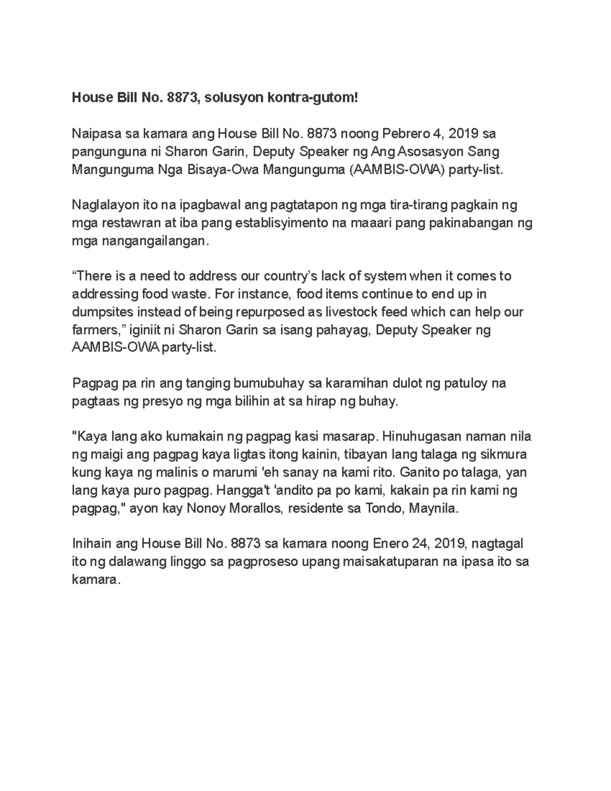 Untitled document News report House Bill No. 8873, solusyon kontra
