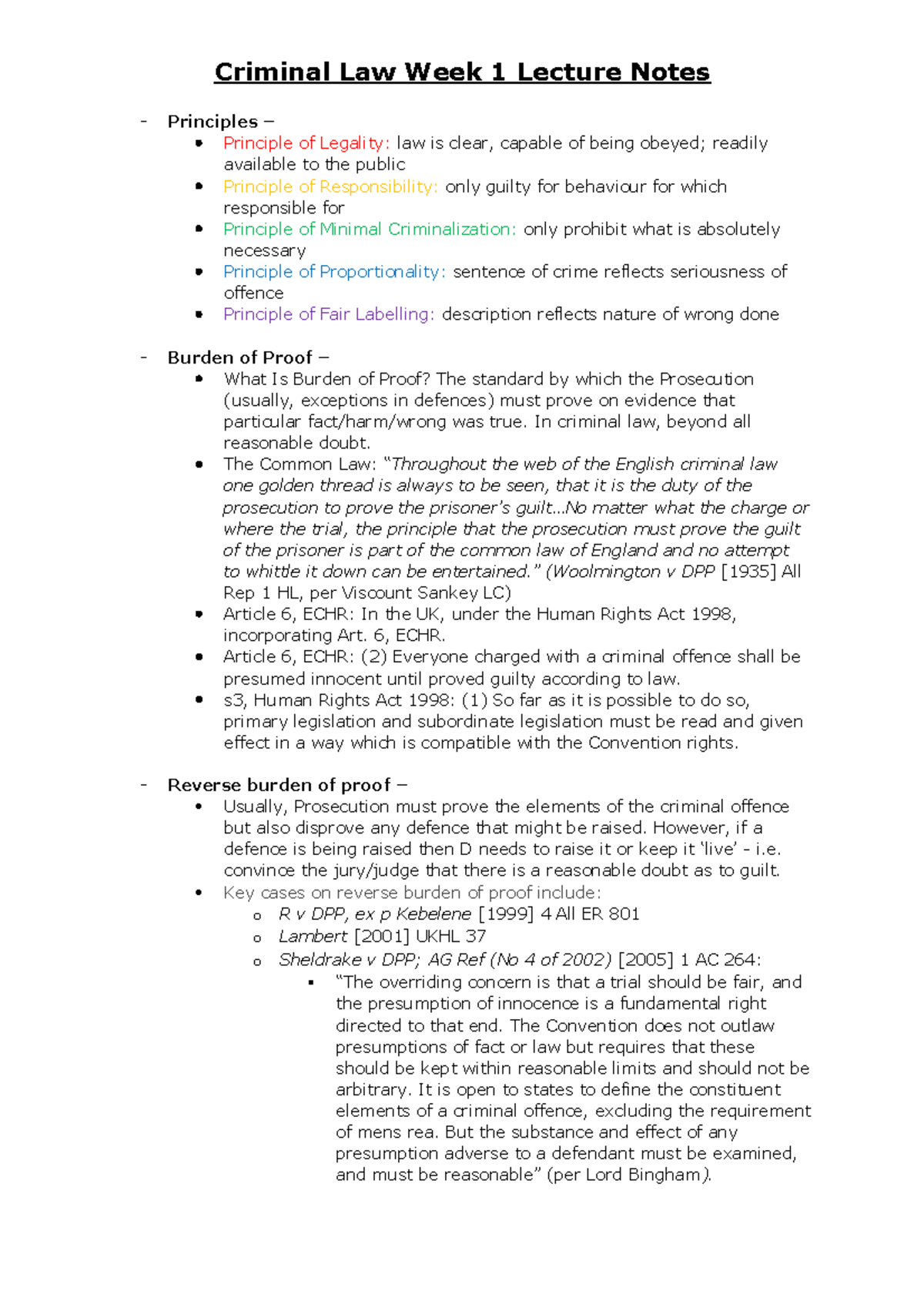 Lecture Notes Week 1 - Principles – Principle of Legality: law is clear ...