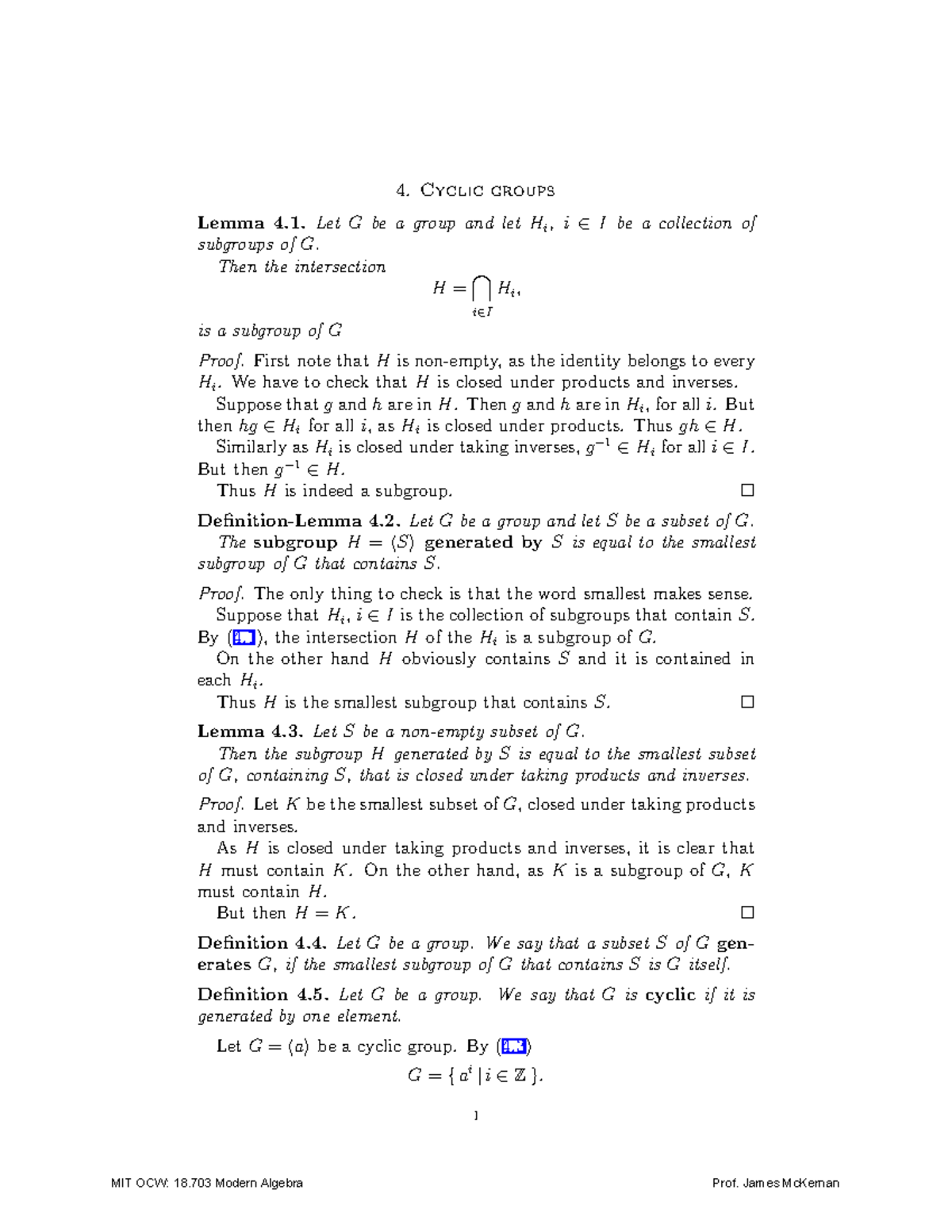 Modern Algebra Lecture 4 - Cyclic Groups Lemma 4. Let G Be A Group And ...