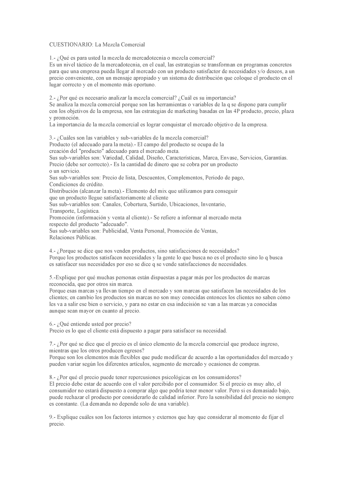 6 Cuestionario Cuestionario La Mezcla Comercial 1 ¿qué Es Para Usted La Mezcla De 1264