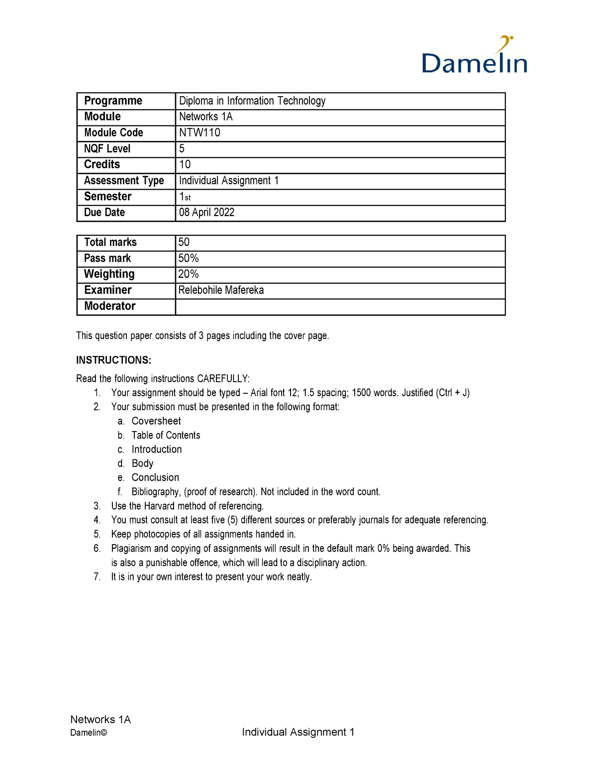 damelin assignment cover sheet pdf