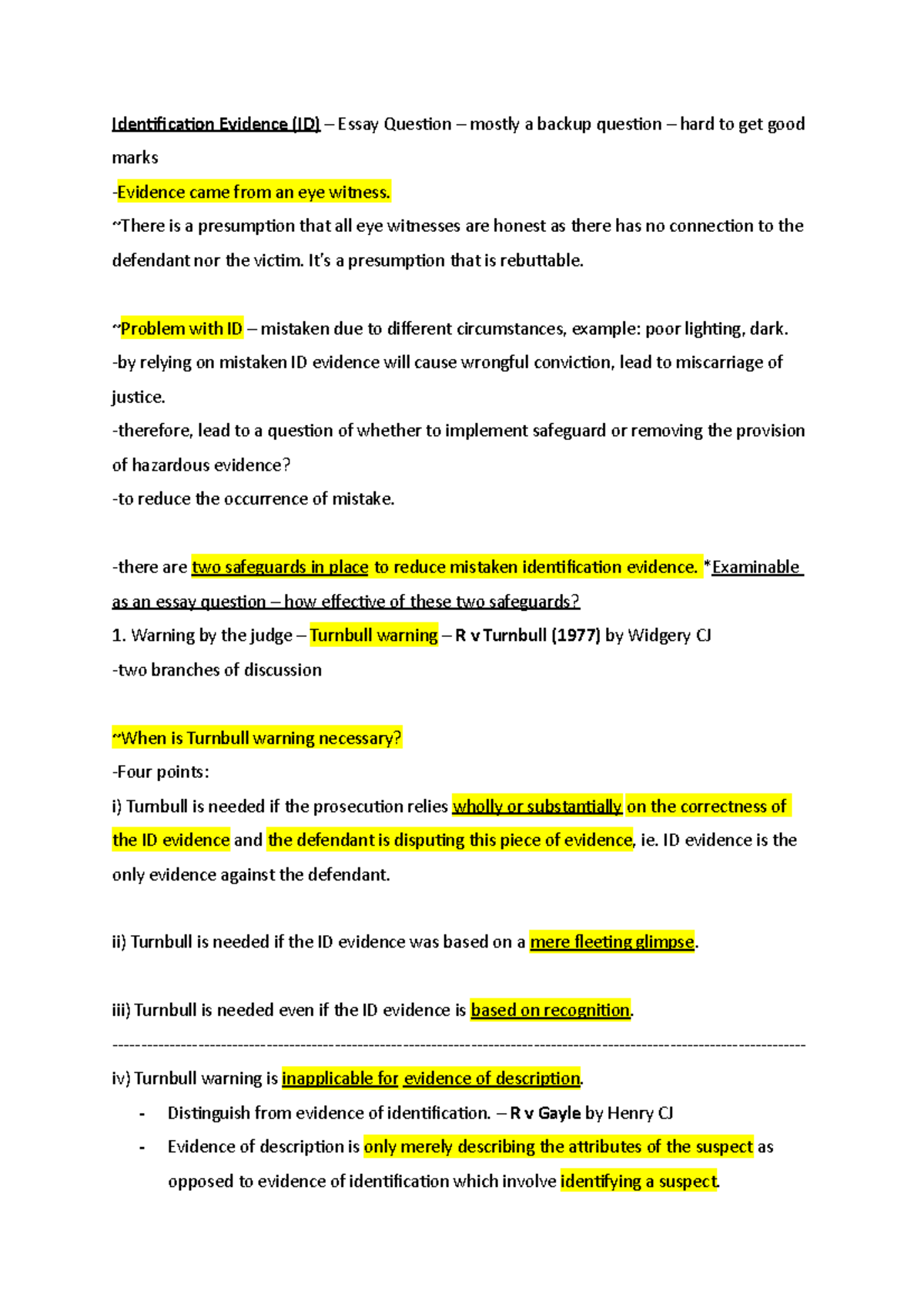 Lecture Notes on Identification Evidence (Evidence Law