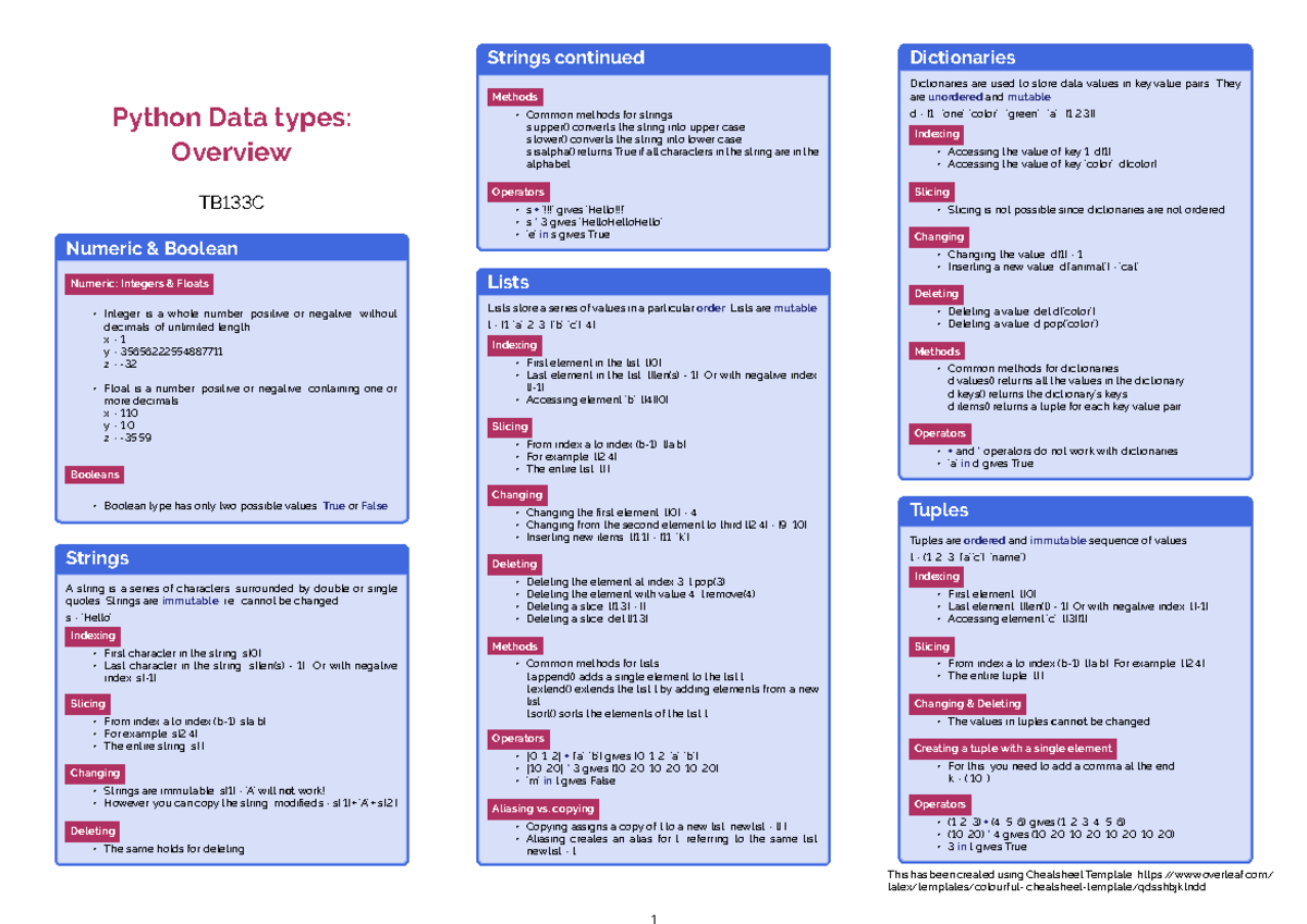 Datatypes overview - Python Data types: Overview TB133C Numeric ...