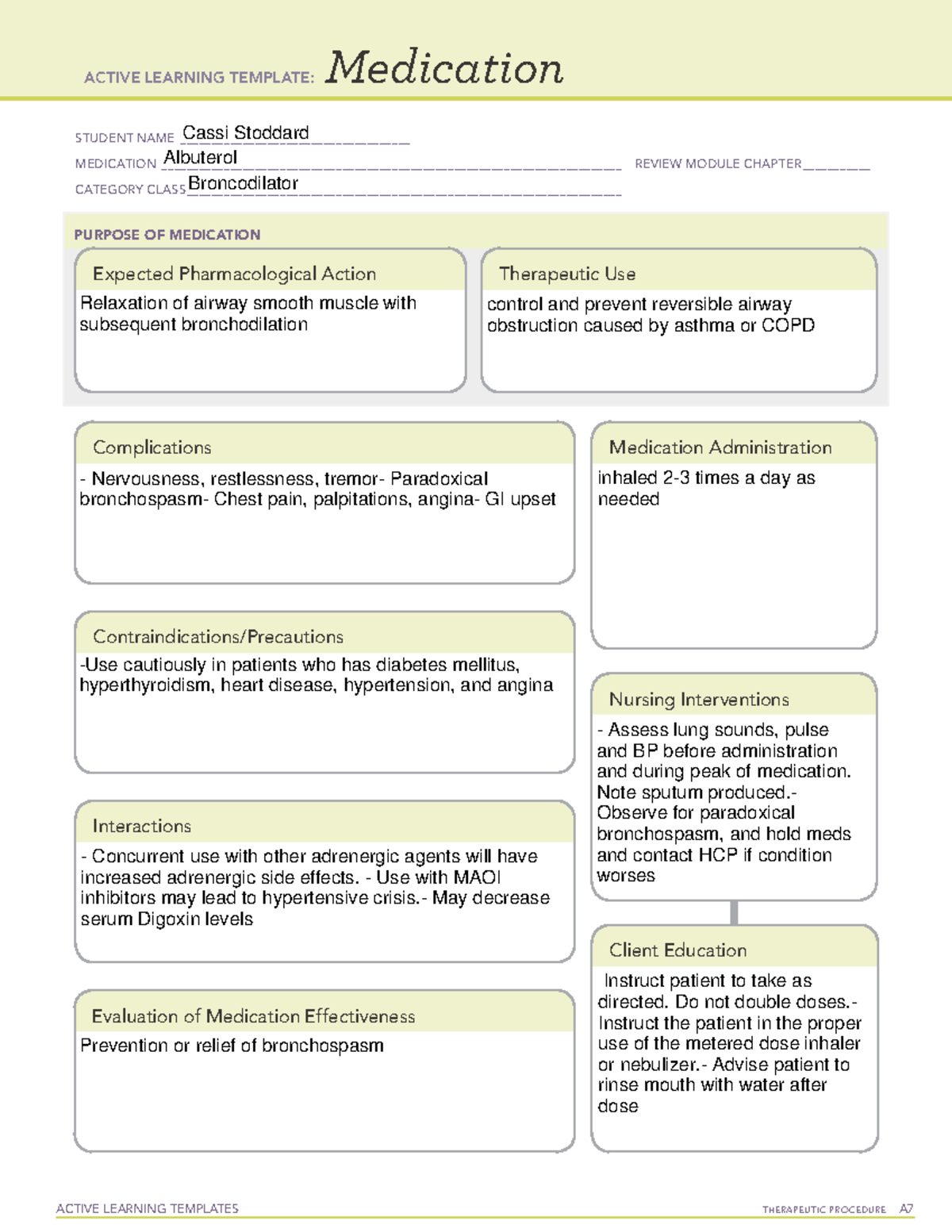 Albuterol ATI med template ACTIVE LEARNING TEMPLATES THERAPEUTIC