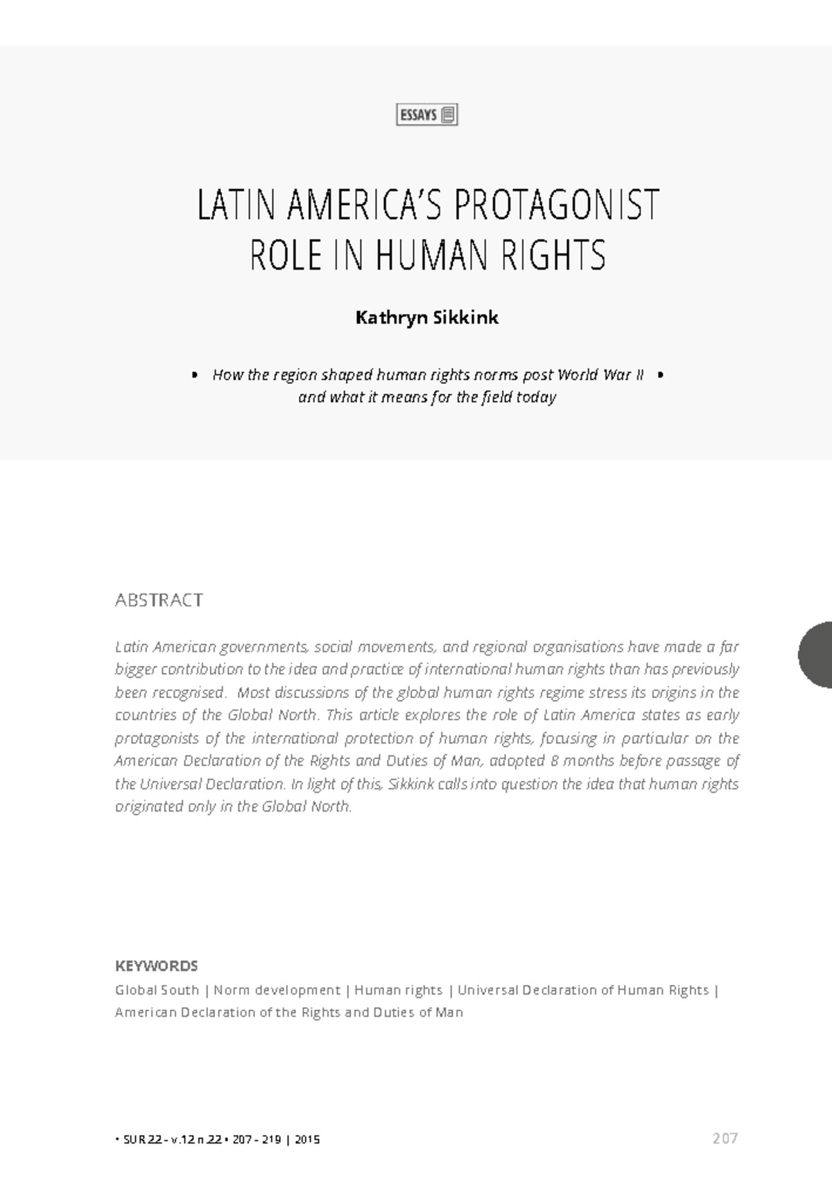 Latin America'S Latin Amerprotagonist ROLE IN Human Rights - • SUR 22 ...