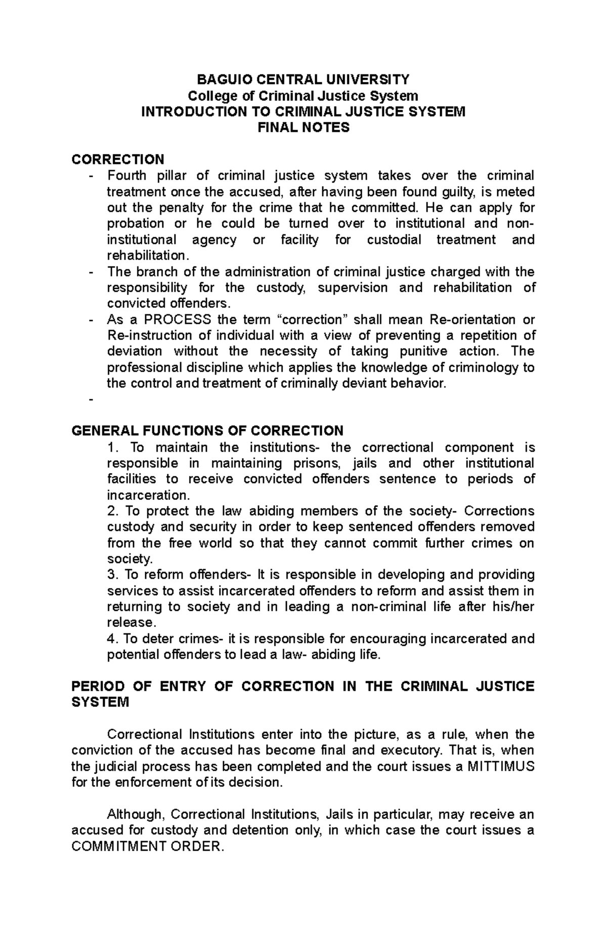 Fin Notes - Criminal justice system - BAGUIO CENTRAL UNIVERSITY College ...