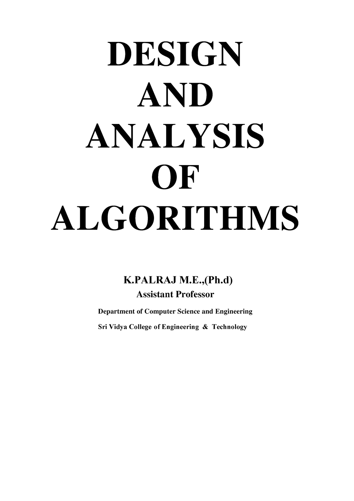 Design And Analysis Of Algorithms Design And Analysis Of Algorithms Assistant Professor