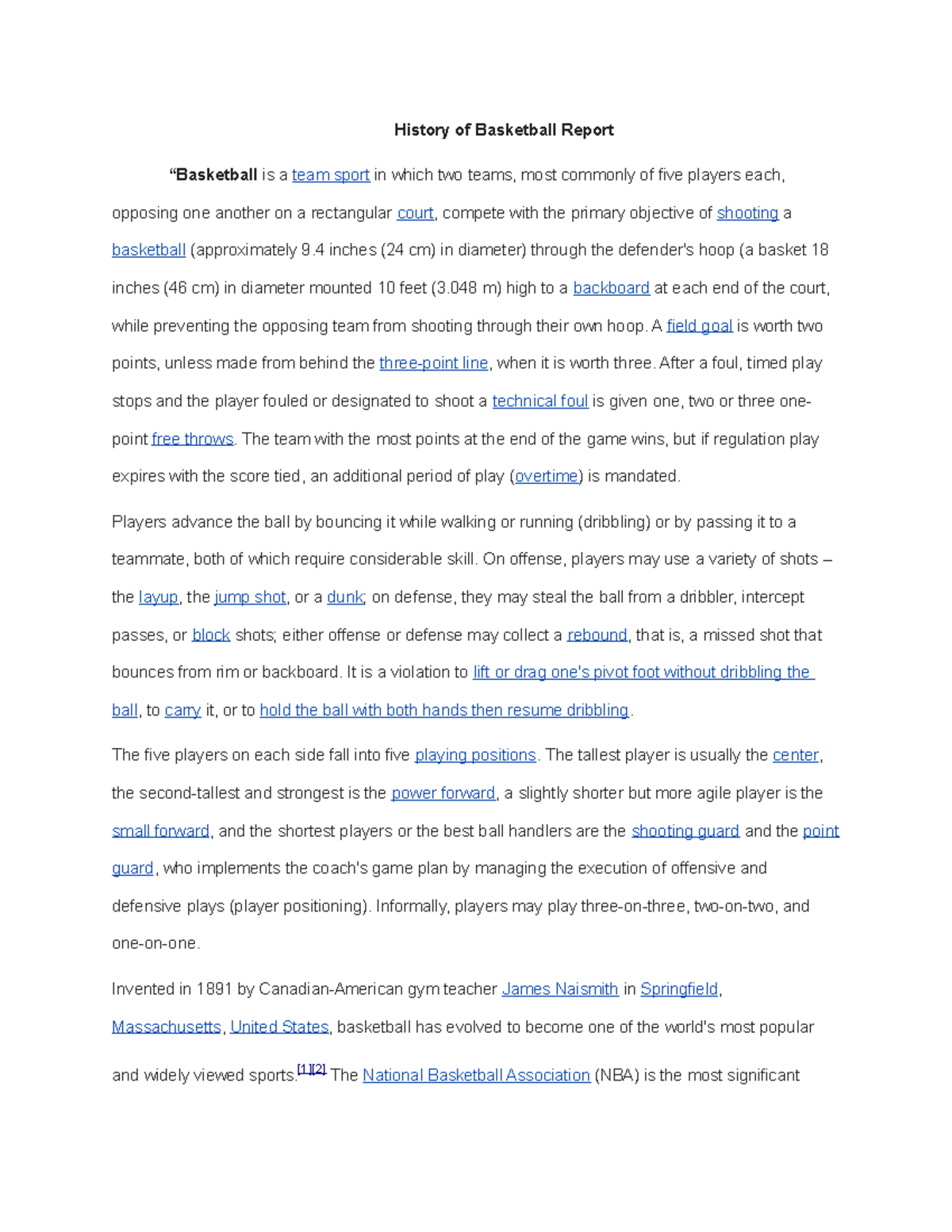 History of basketball summary history of basketball report