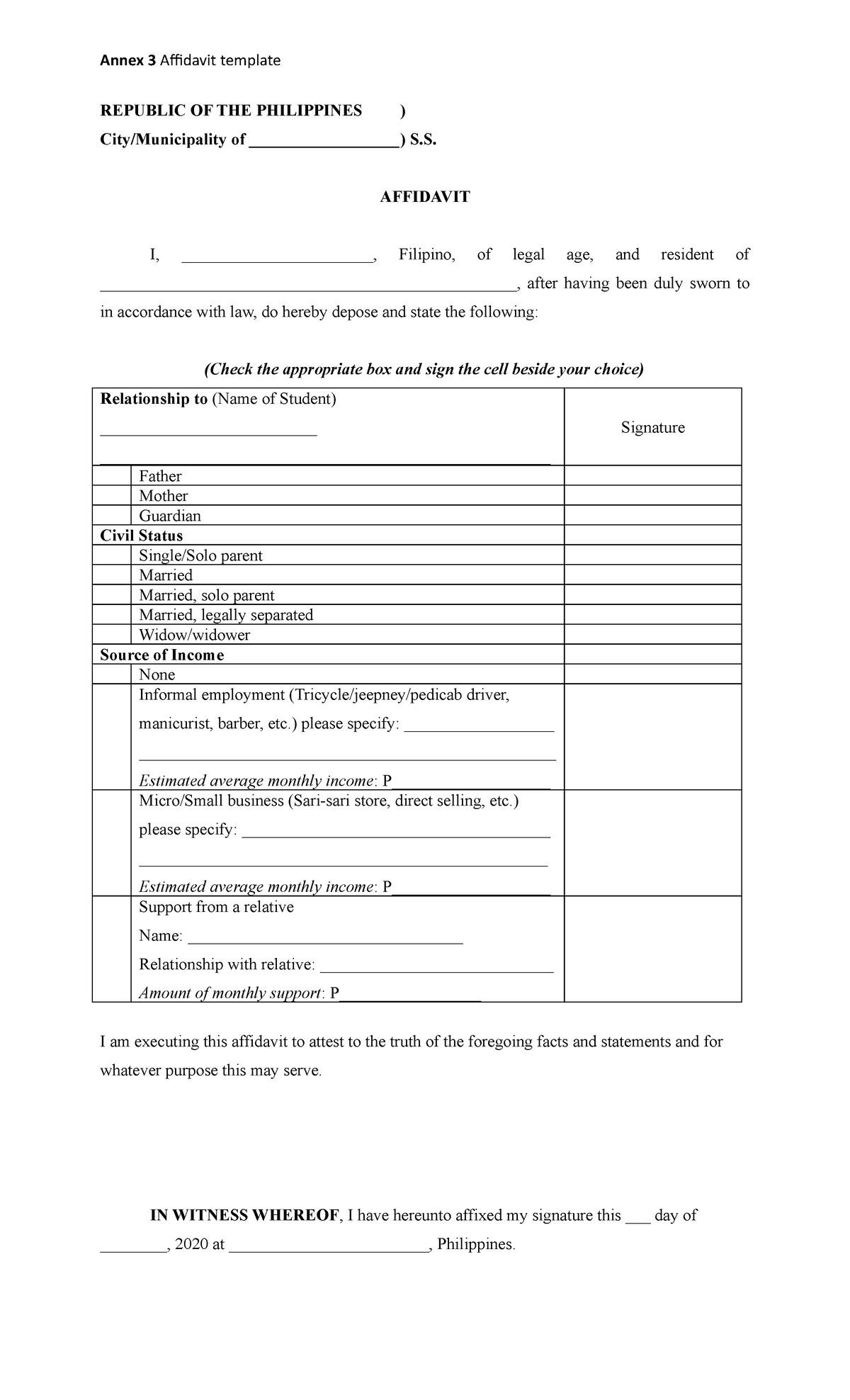 Annex 3 Affidavit Template - Annex 3 Affidavit template REPUBLIC OF THE ...