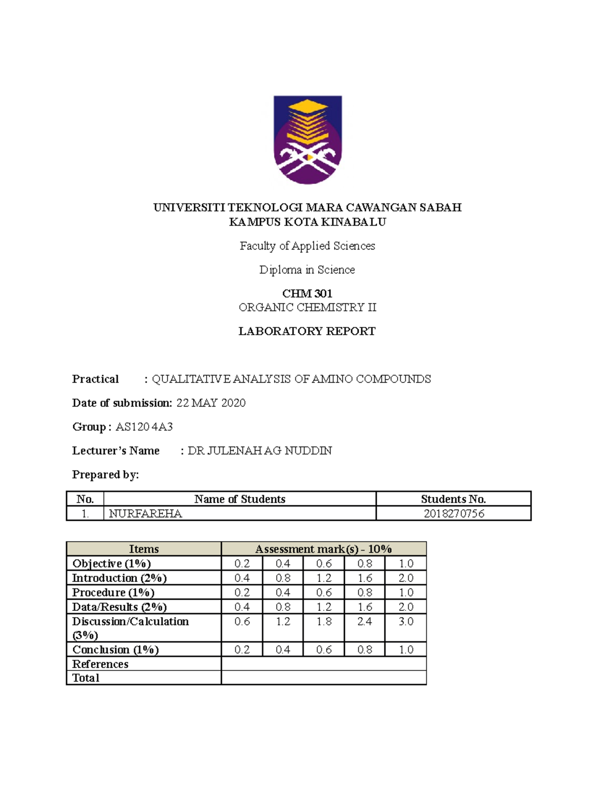 Lab 5 chm301 amines - lab - UNIVERSITI TEKNOLOGI MARA CAWANGAN SABAH ...