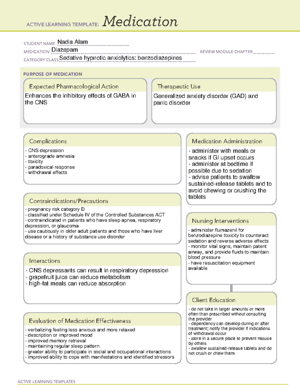 Diazepam - Assignment - ACTIVE LEARNING TEMPLATES Medication STUDENT ...