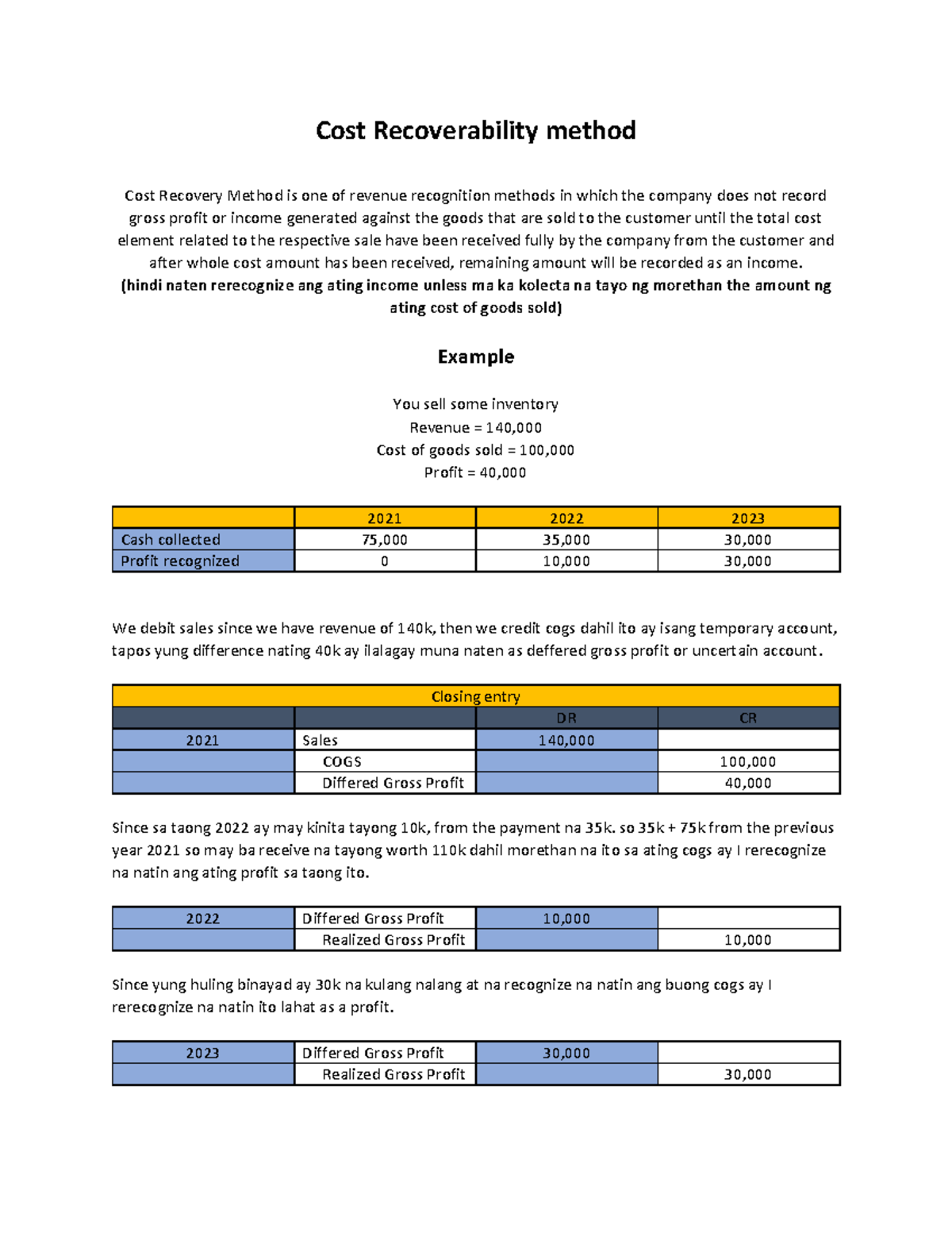 Cost Recoverability method - (hindi naten rerecognize ang ating income ...