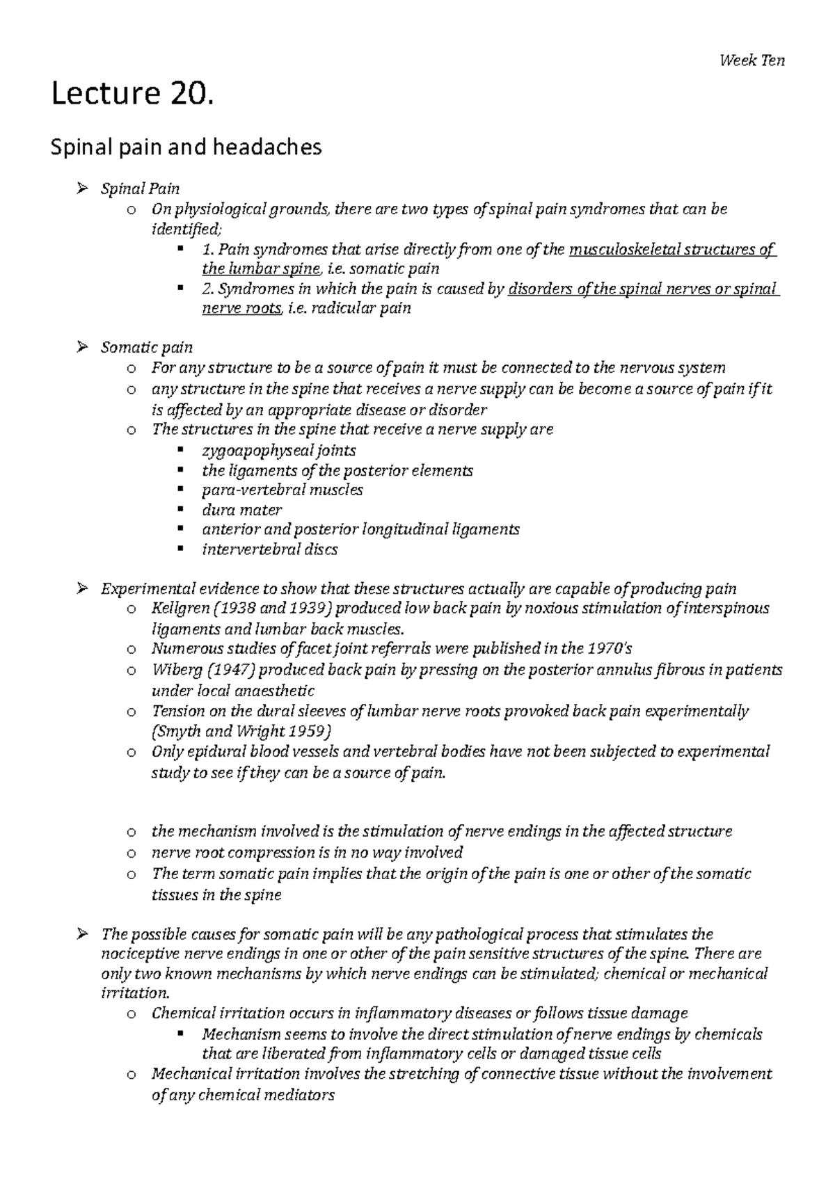 PHTY2020 Lecture 20 - Summary Notes - Lecture 20. Spinal pain and ...