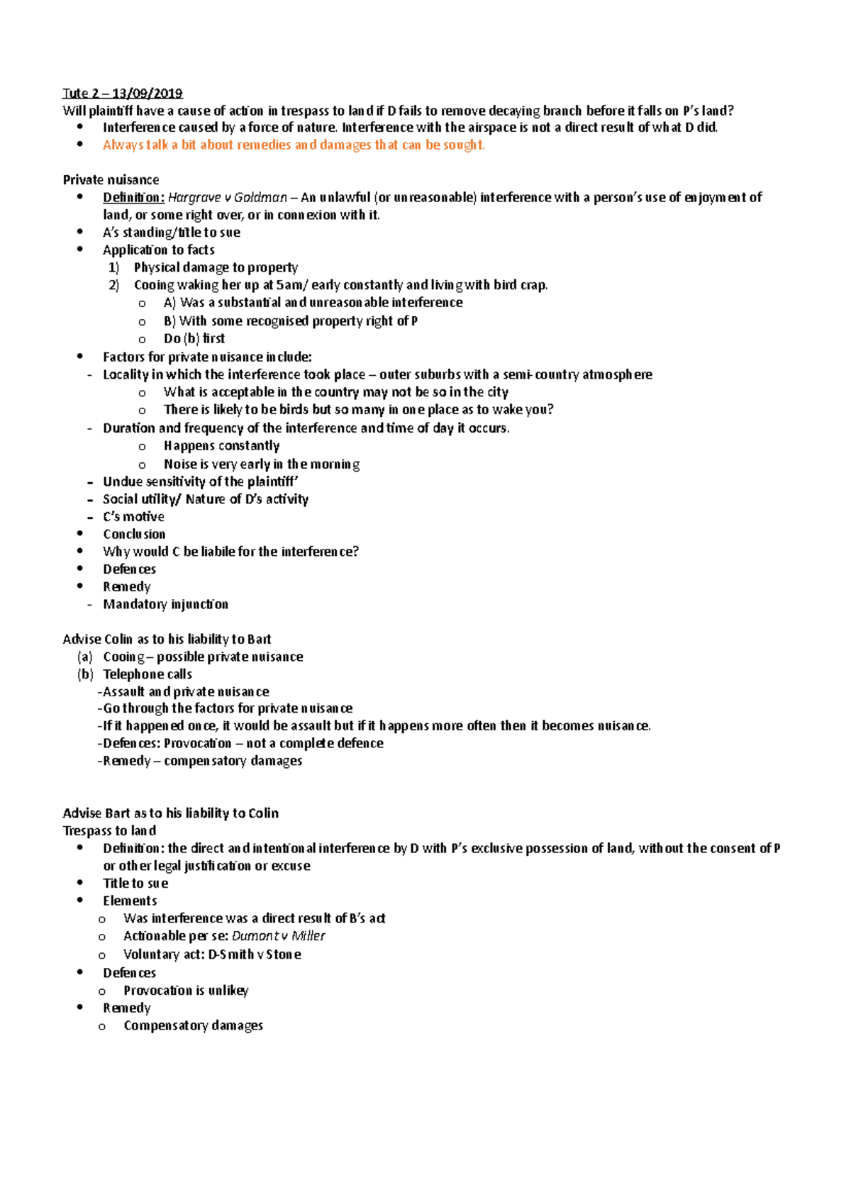 Torts Tutorial Notes - Tute 2 – 13/09/ Will plaintiff have a cause of ...